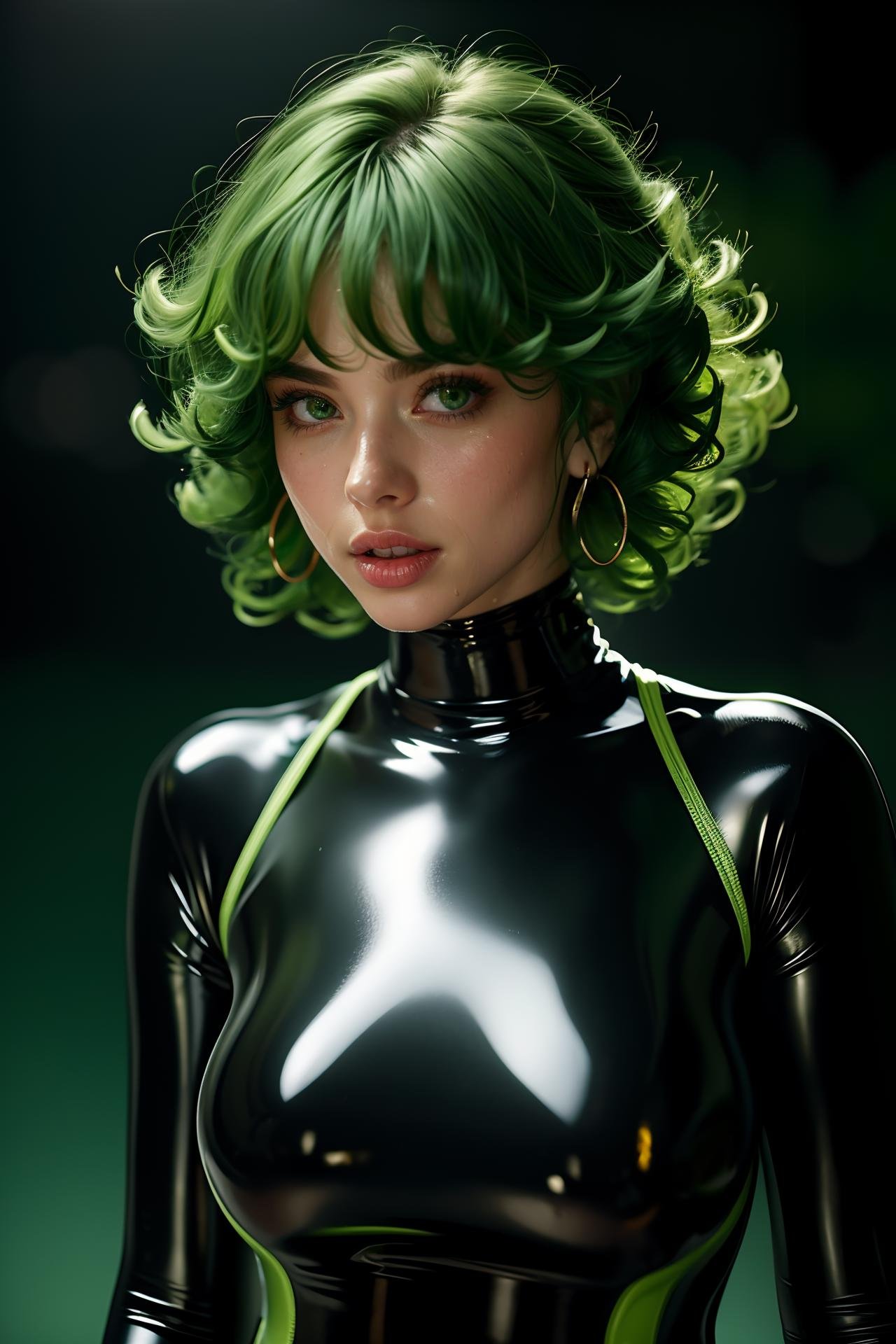 i want the whole image to be created in 3D anime style, 1girl, solo, breasts, looking at viewer, short hair, open mouth, bangs, large breasts, dress, hair between eyes, jewelry, green eyes, upper body, earrings, lying, parted lips, green hair, teeth, shiny, on back, water, black dress, lips, wet, eyelashes, bodysuit, upper teeth only, half-closed eyes, wet clothes, skin tight, partially submerged, green background, curly hair, shiny clothes, black bodysuit, wet hair, latex, latex bodysuit, tatsumaki