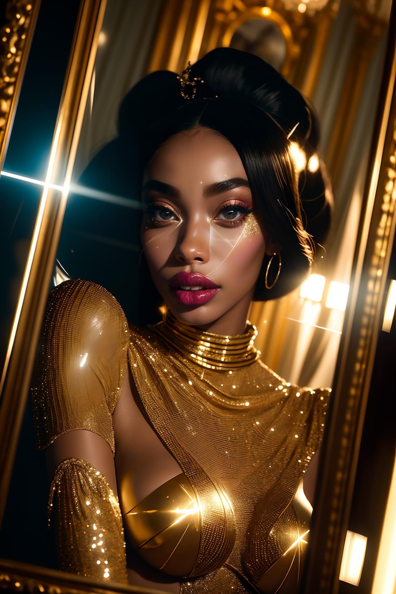 Winnie Harlow in high-fashion campaign for Balmain jewelry, glittercore long exposure beauty shot in gigantic mirror prism, hundreds of reflections. Utilize 50mm lens, full-frame camera with a depth of field set to 16f and shutter speed at 4 seconds, dynamic compositions and storytelling, ensuring the scene captivates with both fashion finesse and narrative intrigue