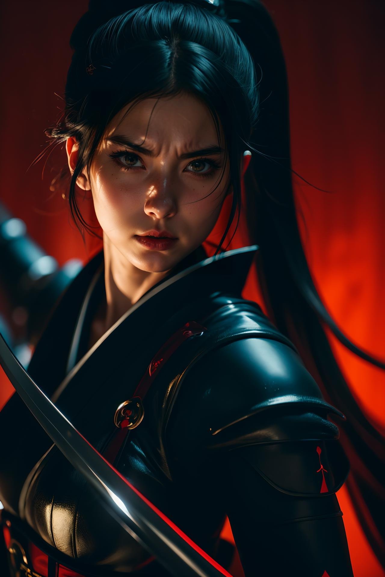 an anime-like character, an anime woman, wearing a traditional costume, ponytail, black armor, holding a long sword, chaotic twisting, in the style of unreal engine 5, realism, in the style of ink painting, wendy froude, mio hirano, epic, red and black, color confusion, exaggerated close-up intensity, close-up intensity, kozo yokai, caravaggesque chiaroscuro