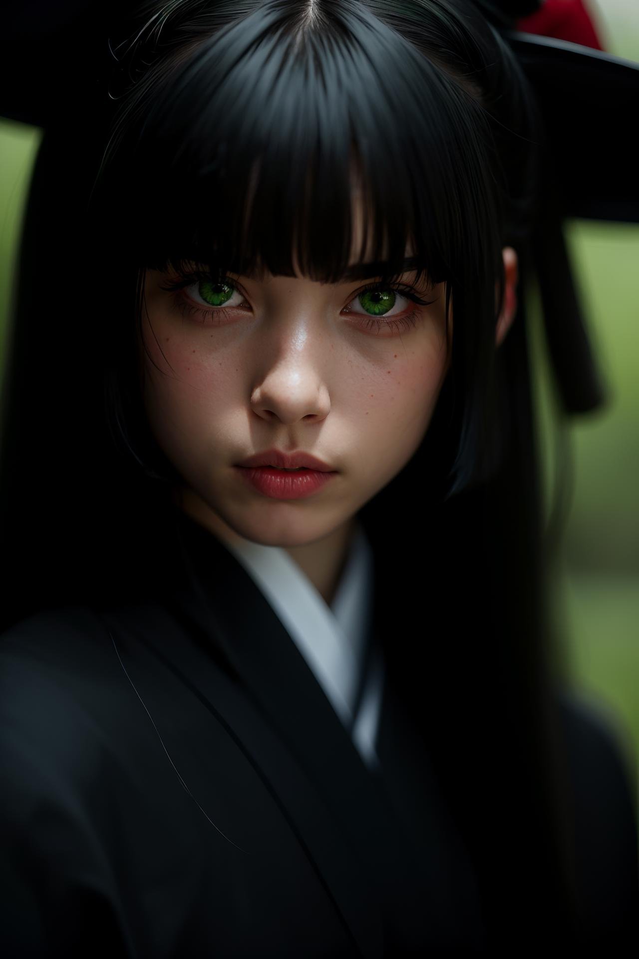 i want the whole image to be created in 3D anime style, solo, long hair, looking at viewer, bangs, black hair, 1boy, hair between eyes, closed mouth, green eyes, male focus, multicolored hair, japanese clothes, lips, eyelashes, portrait, close-up, haori, demon slayer uniform