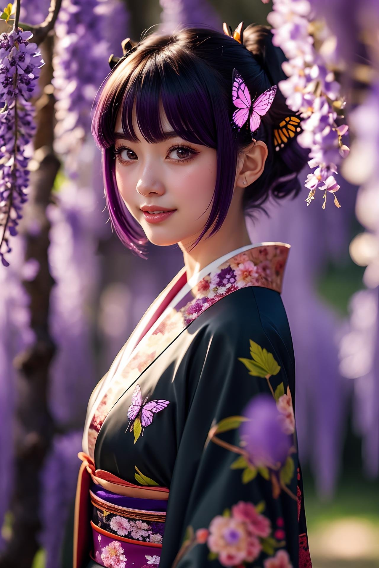 i want the whole image to be created in 3D anime style, 1girl, solo, looking at viewer, smile, short hair, bangs, black hair, hair ornament, closed mouth, purple eyes, upper body, purple hair, flower, multicolored hair, japanese clothes, kimono, blurry, from side, lips, parted bangs, eyelashes, depth of field, blurry background, bug, animal print, butterfly, butterfly hair ornament, haori, demon slayer uniform, butterfly print, wisteria, kochou shinobu
