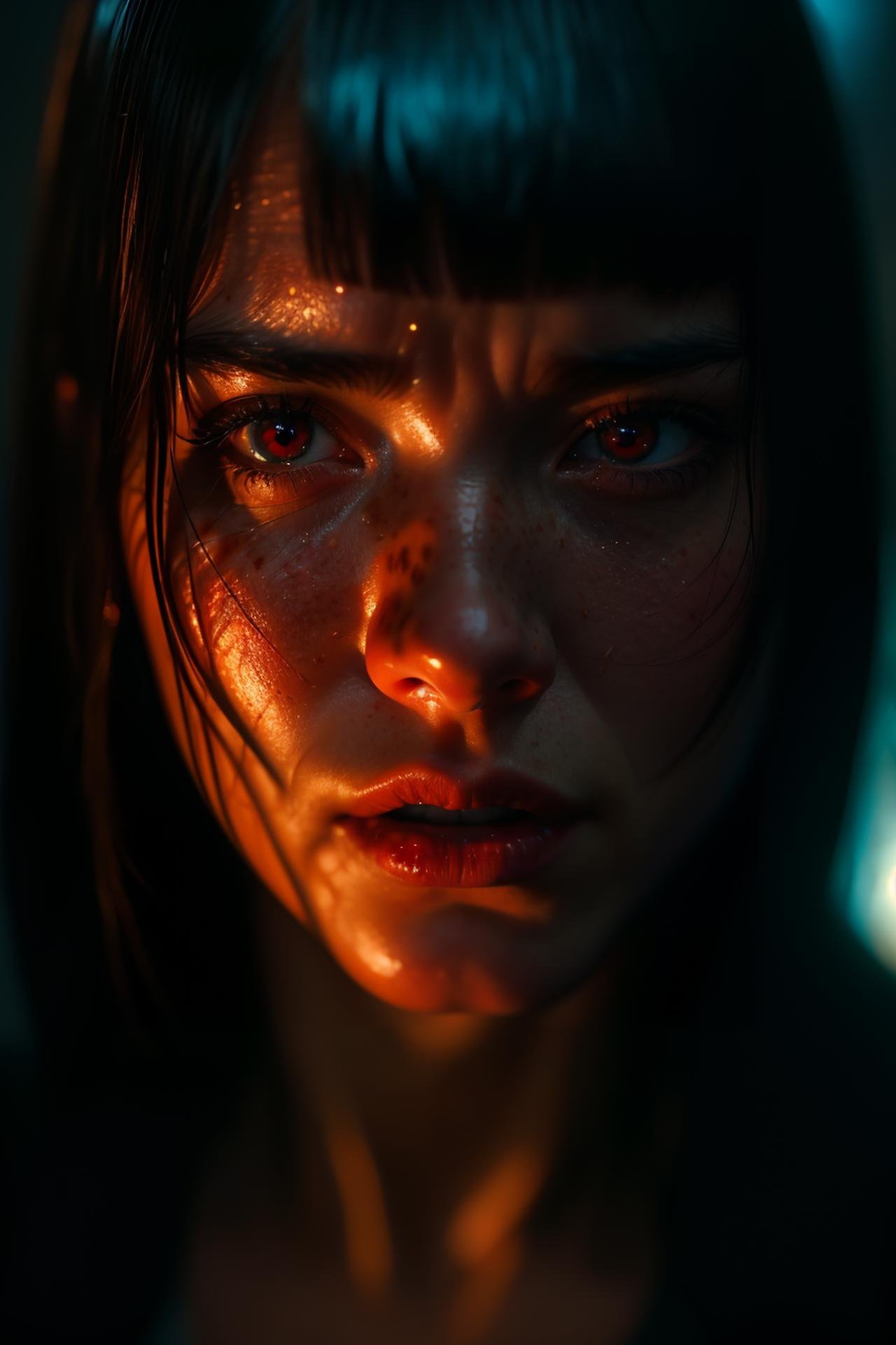 Movie, ((Face close up)), best quality, clear graphics, torch light, (The detail is clear to every hair on the face), 1girl, demonic, evil, nsfw, sexy woman, eye depth, (brother moons), (dead space) ,science fiction, (beautiful glowing red eyes), photo realistic, 20 megapixel, nikon d850, ((vibrant, photo realistic, realistic, dramatic, sharp focus, 8k)), (faded freckles:0.6), subsurface scattering, sharp, retouched, intricate detail, by Greg Rutkowski, by (Jeremy Lipking:0.8), ((junji ito)), by ralph bakshi,((Silent Hill)), H.R. Giger, Beksinski