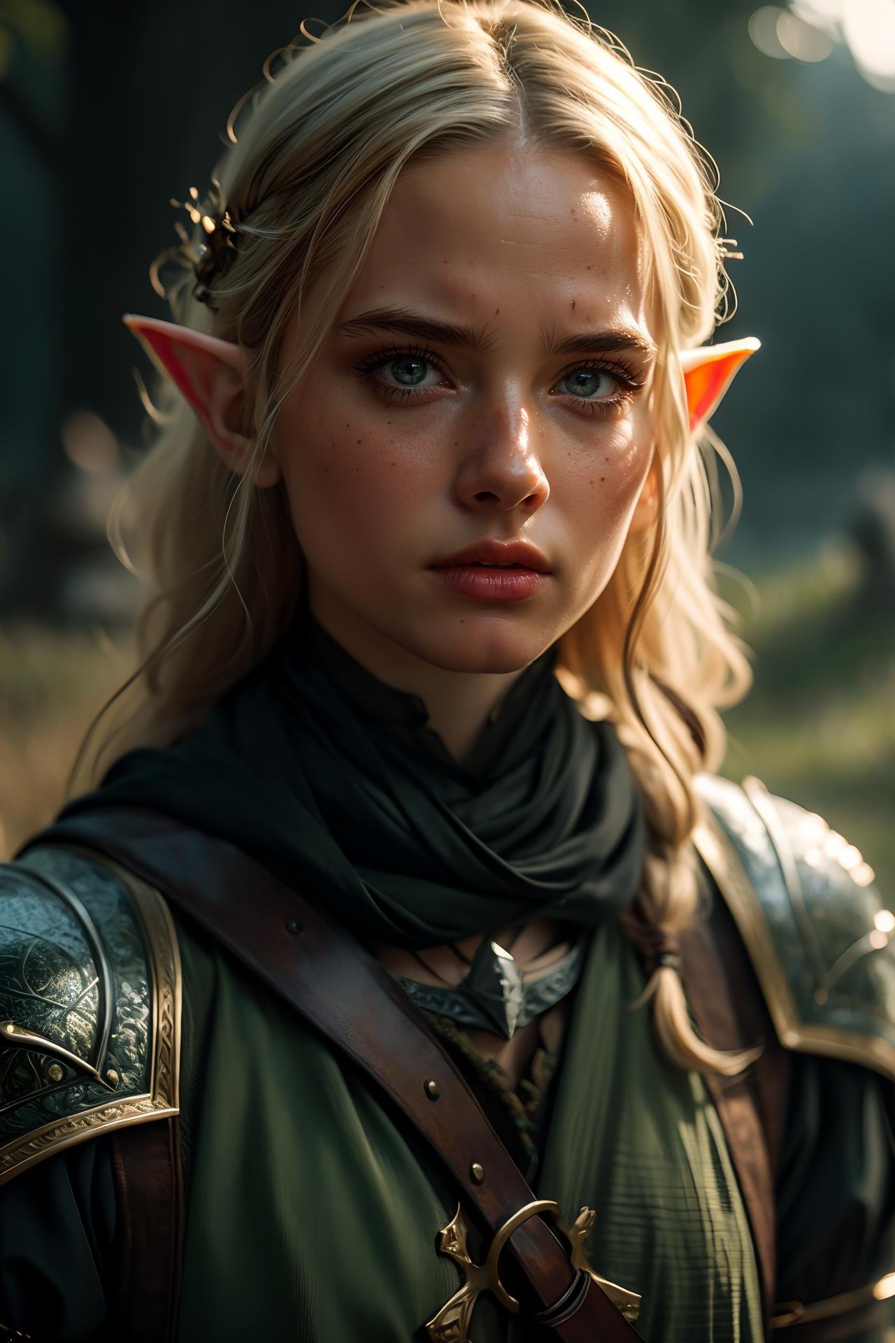 (detailed face, detailed eyes, clear skin, clear eyes), lotr, fantasy, elf, female, full body, looking at viewer, portrait, photography, detailed skin, realistic, photo-realistic, 8k, highly detailed, full length frame, High detail RAW color art, piercing, diffused soft lighting, shallow depth of field, sharp focus, hyperrealism, cinematic lighting