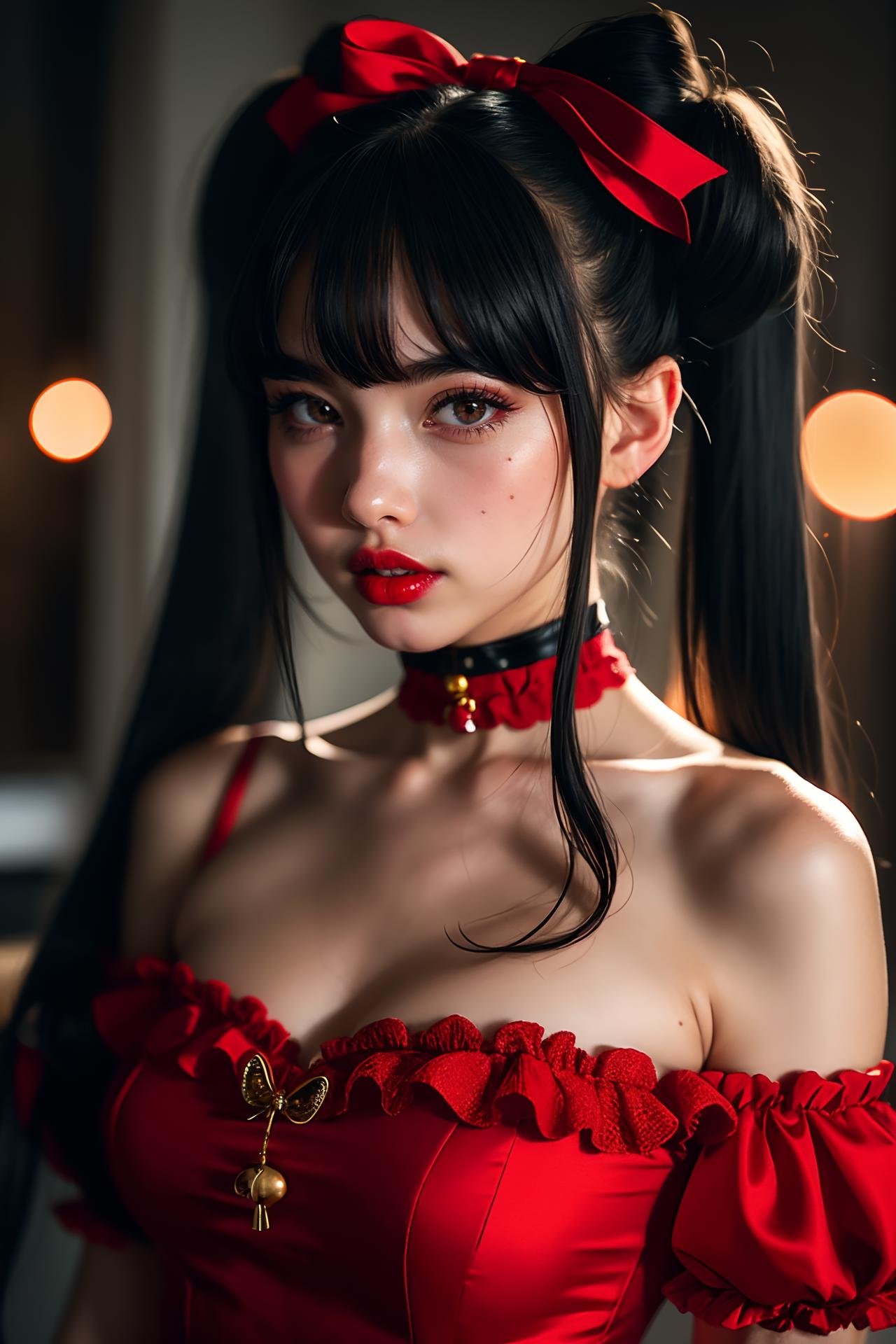 1girl, solo, long hair, breasts, looking at viewer, bangs, black hair, hair ornament, red eyes, dress, ribbon, hair between eyes, bare shoulders, twintails, hair ribbon, upper body, hairband, frills, choker, red ribbon, lips, eyelashes, strapless, bell, red dress, jingle bell, hair bell, red lips