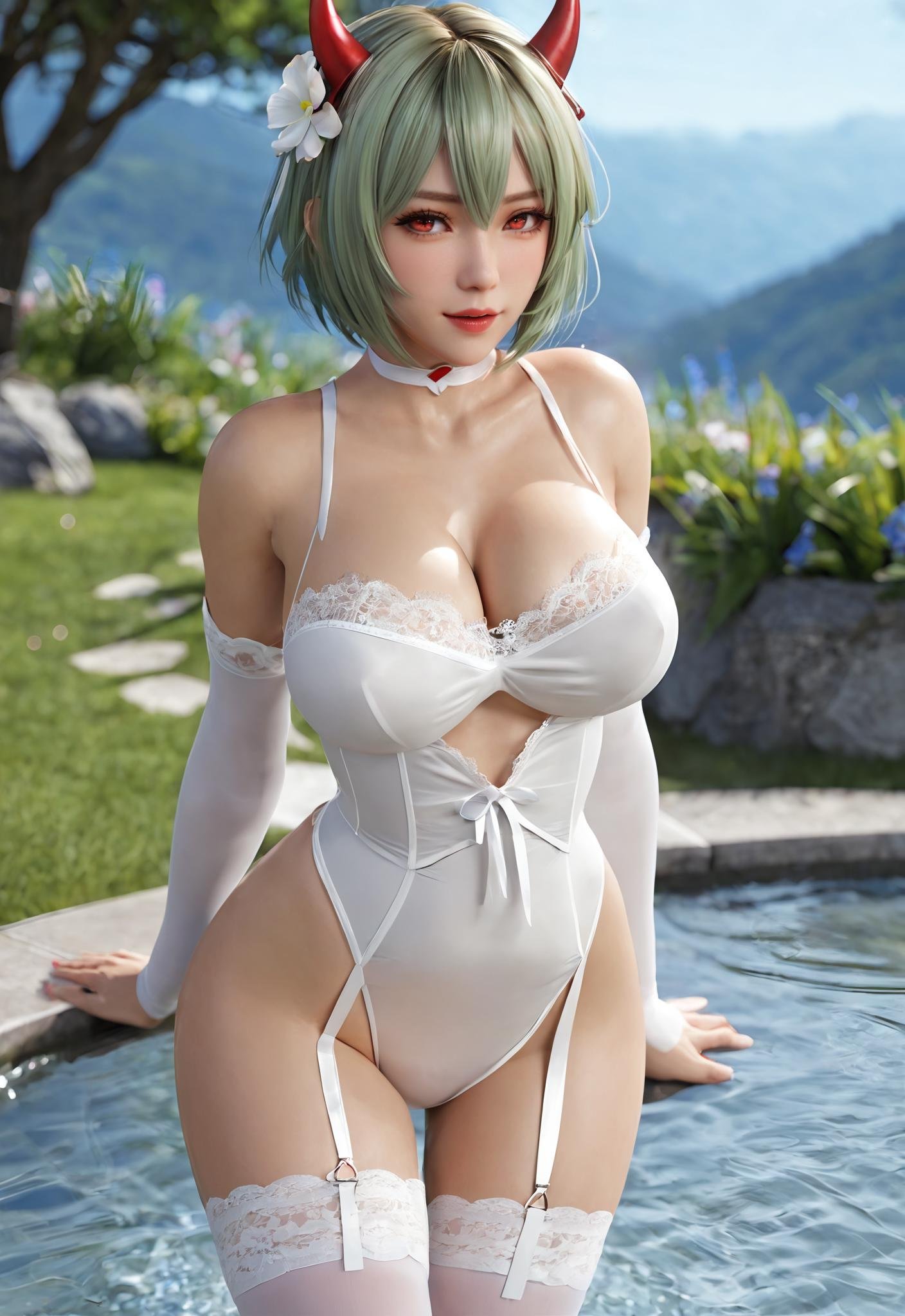 1girl, solo, breasts, looking at viewer, short hair, bangs, hair ornament, red eyes, dress, ribbon, hair between eyes, bare shoulders, blue hair, flower, outdoors, sleeveless, water, white dress, red ribbon, sleeveless dress, nature, wading, ayanami rei, i want the whole image to be created in 3D anime style, solo, looking at viewer, red eyes, 1boy, male focus, horns, teeth, no humans, mask, glowing, colored skin, sharp teeth, glowing eyes, red skin, demon, 1girl, solo, breasts, looking at viewer, short hair, blonde hair, large breasts, thighhighs, underwear, nipples, green eyes, parted lips, pussy, indoors, white thighhighs, lips, pubic hair, uncensored, female pubic hair, arms behind back, lingerie, breasts apart, garter belt, realistic