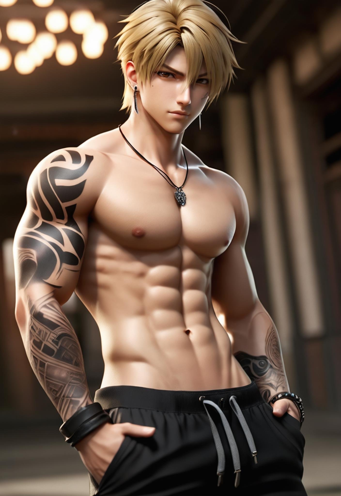 i want the whole image to be created in 3D anime style, solo, looking at viewer, short hair, blonde hair, 1boy, navel, brown eyes, jewelry, closed mouth, nipples, male focus, earrings, pants, artist name, necklace, blurry, tattoo, muscular, blurry background, black pants, piercing, abs, pectorals, muscular male, topless male, arm tattoo