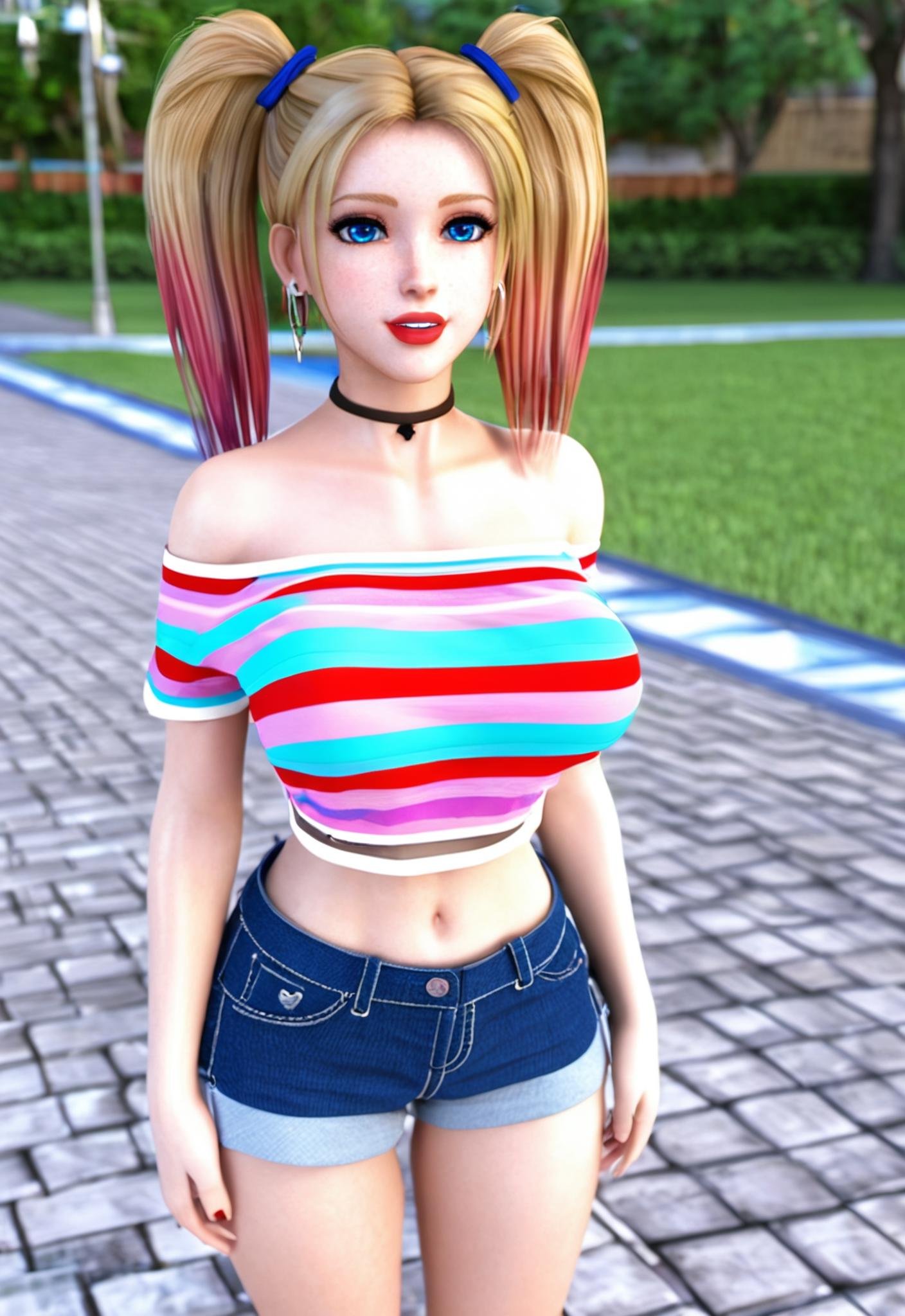 i want the whole image to be created in 3D anime style, 1girl, long hair, breasts, looking at viewer, blue eyes, blonde hair, shirt, navel, twintails, jewelry, collarbone, multicolored hair, earrings, outdoors, food, shorts, solo focus, choker, day, midriff, striped, necklace, off shoulder, star (symbol), lips, crop top, tattoo, makeup, piercing, lipstick, ear piercing, popsicle, striped shirt, off-shoulder shirt