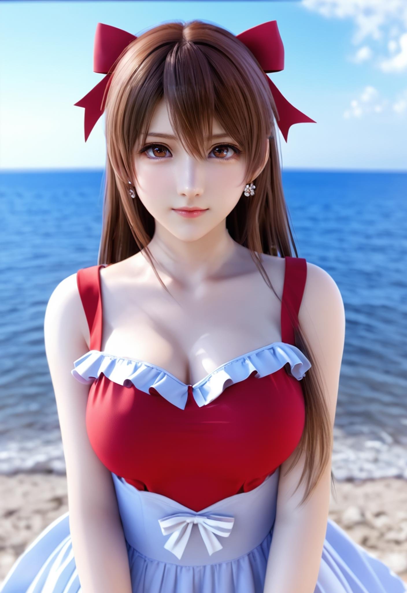 i want the whole image to be created in 3D anime style, long hair, breasts, looking at viewer, blush, bangs, multiple girls, brown hair, red eyes, dress, bow, ribbon, hair between eyes, bare shoulders, brown eyes, jewelry, medium breasts, closed mouth, hair ribbon, upper body, hair bow, sidelocks, earrings, outdoors, sky, sleeveless, solo focus, day, cloud, water, blurry, red bow, red ribbon, blue sky, lips, sleeveless shirt, depth of field, blurry background, ocean, beach, hair tubes, red dress, red shirt, mountainous horizon, hakurei reimu