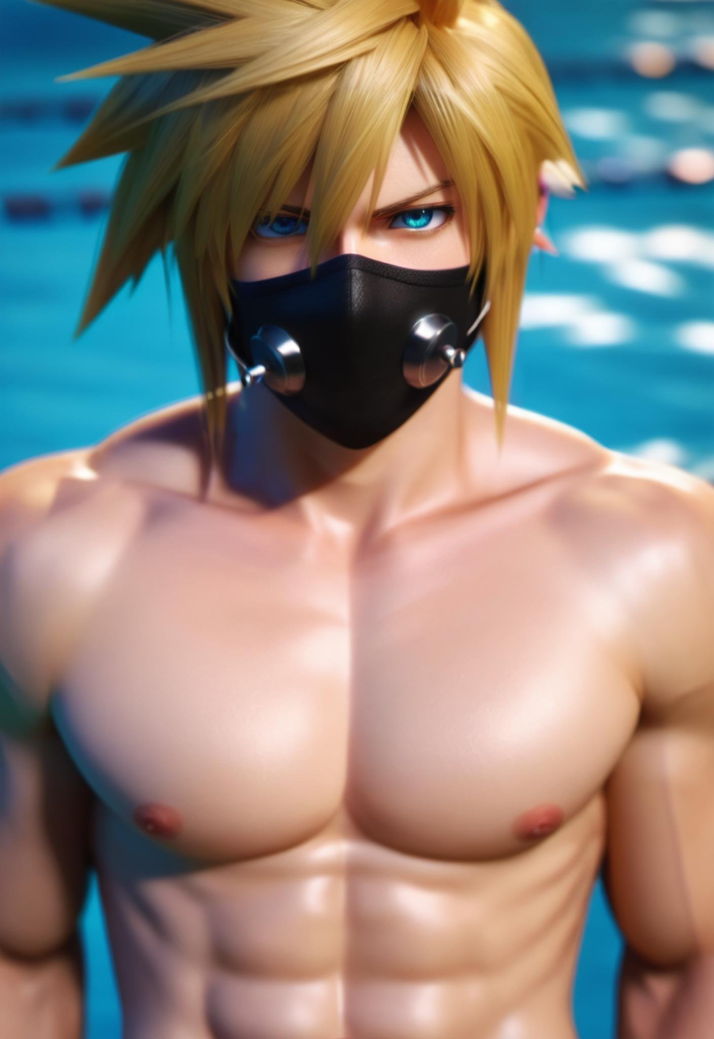 solo, looking at viewer, short hair, blue eyes, blonde hair, 1boy, navel, hair between eyes, bare shoulders, male focus, cowboy shot, penis, blurry, aqua eyes, leotard, bare arms, uncensored, mask, blurry background, turtleneck, erection, testicles, spiked hair, center opening, mouth mask, toned male, cloud strife