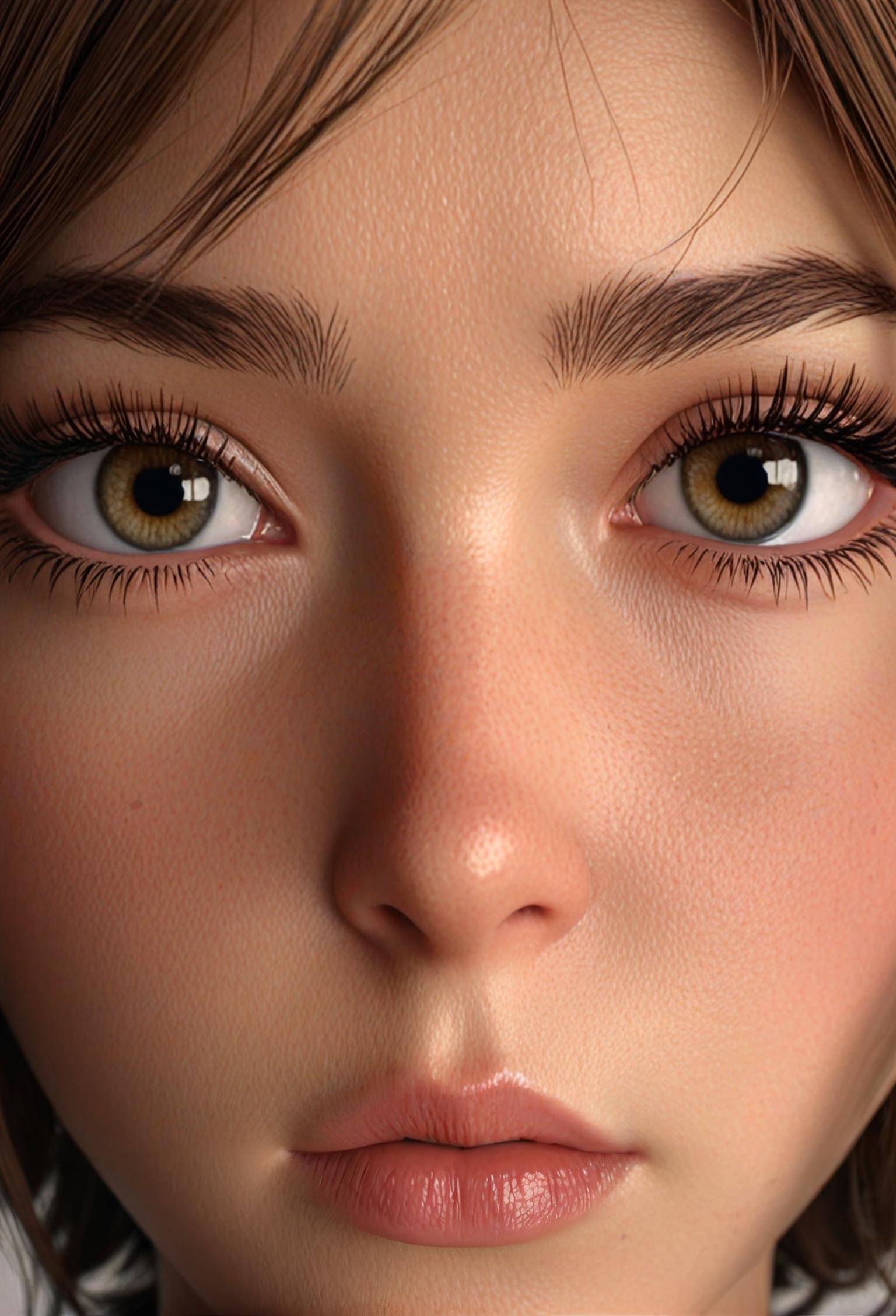 3D animation, skin texture, detailed hair, portrait, looking straight forward, beautiful eyes, big wide eyes, detailed eyes, detailed lips, big lips, exaggerated features, long eyelashes, light bush, high quality, focused