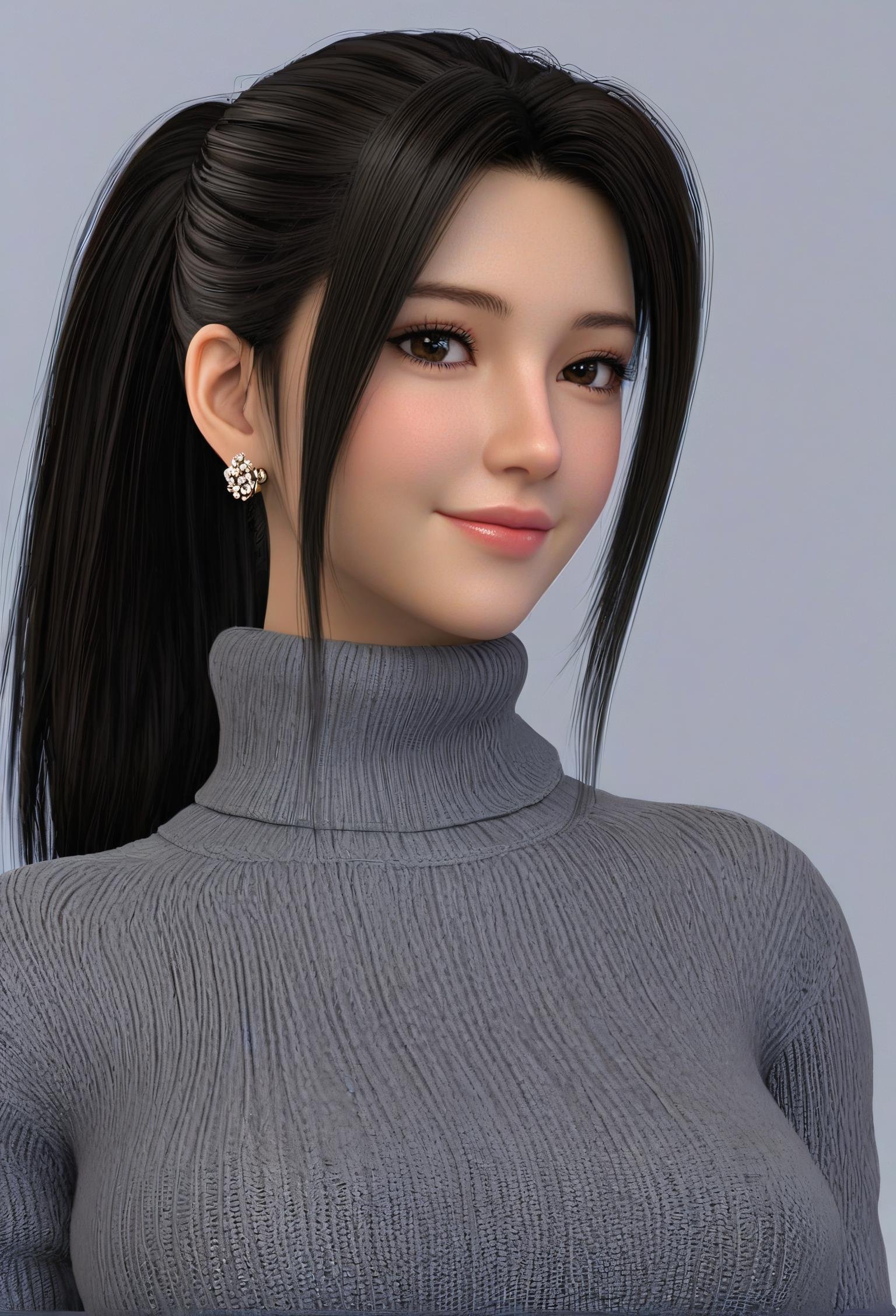 1girl, solo, long hair, looking at viewer, smile, simple background, black hair, brown eyes, jewelry, jacket, upper body, ponytail, earrings, sweater, lips, black jacket, turtleneck, portrait, ribbed sweater, turtleneck sweater, grey sweater