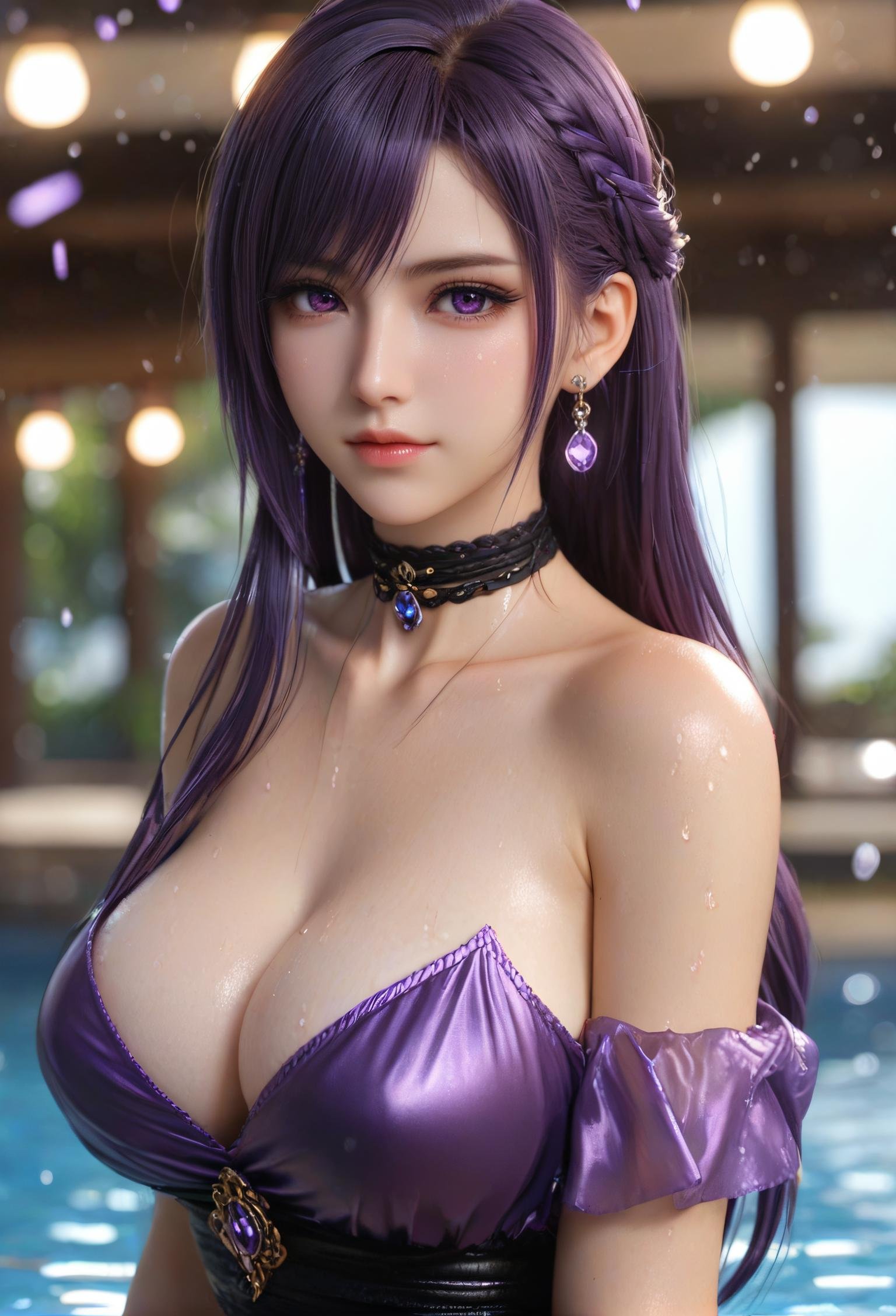 1girl, solo, long hair, breasts, looking at viewer, bangs, hair ornament, dress, cleavage, bare shoulders, jewelry, purple eyes, upper body, purple hair, braid, earrings, choker, water, mole, blurry, wet, blurry background, raiden shogun