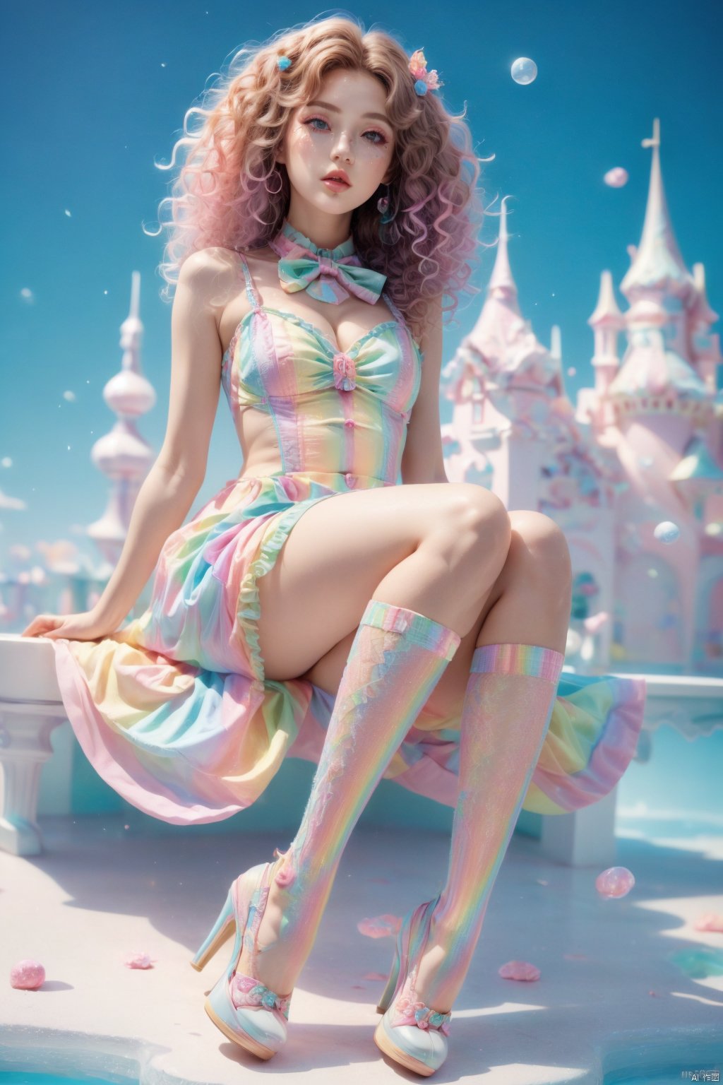  (((masterpiece))),best quality, illustration,(beautiful detailed girl),beautiful detailed glow,detailed ice,beautiful detailed water,(beautiful detailed eyes),expressionless,(floating palaces),azure hair,disheveled hair,long bangs, hairs between eyes,(skyblue dress),white bowties,midriff,big forhead,flower,candy , makeup , multicolored hair,white high heels, (lower body:1.5), multicolored legwear