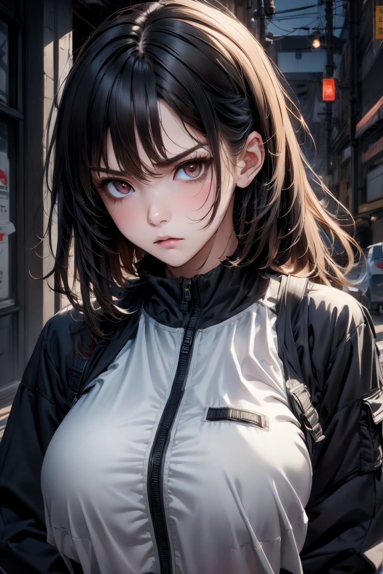 black hair,long bob hair, random emotion, High detailed, midjourney, perfecteyes, urban techwear, free style, horror (theme), hands covering chest, angry, Over-the-Shoulder, brightness lighting, beautiful girl, A girl, Beautiful, Kawaii, tech.