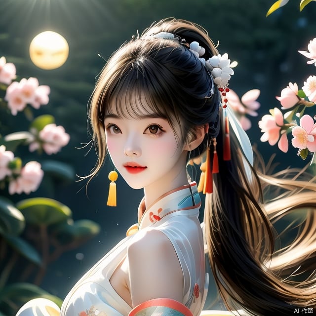 Ultra fine painting, a beautiful girl with Chinese style, slim face, closed mouth, black eyes, black and white gradient long hair, peach blossom, panoramic view, ponytail, tassels, decoration, white dress, sheer, gazing at the moon in the night sky, calm, light: soft, Spring Festival, bright moon, ultra fine, 2K, ultra clear, guzhuang