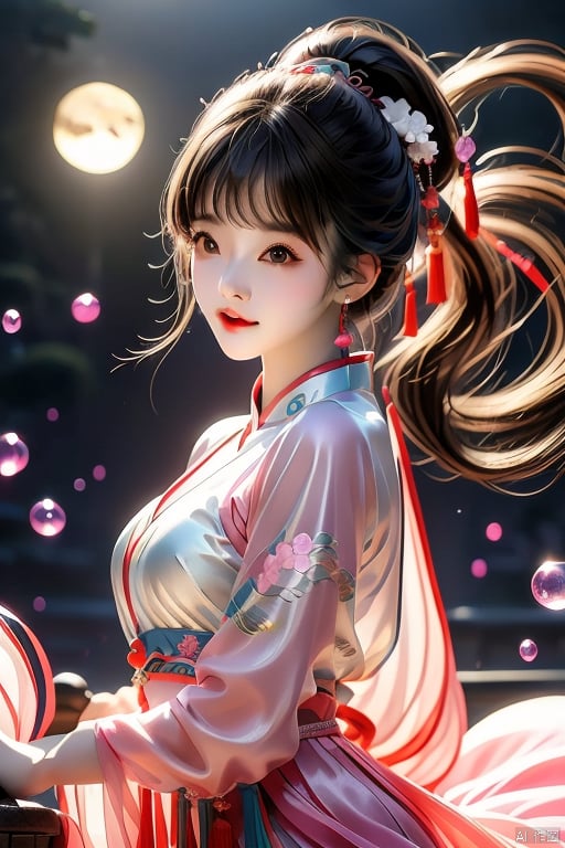 Ultra fine painting, a beautiful girl with Chinese style, slim face, closed mouth, black eyes, black and white gradient long hair, peach blossom, half body lens, ponytail, tassels, decoration, wearing a light pink dress, looking at the moon in the night sky, calm, light: soft, Spring Festival, moon, ultra fine, 2K, ultra clear,