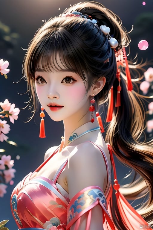 Ultra fine painting, a beautiful girl with Chinese style, slim face, closed mouth, black eyes, black and white gradient long hair, peach blossom, half body lens, ponytail, tassels, decoration, light pink dress, sheer, gazing at the moon in the night sky, calm, light: soft, spring festival, moon, ultra fine, 2K, ultra clear,