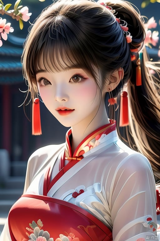 (Top quality, best quality, art, beauty and aesthetics: 1.2) A beautiful girl, dressed in Chinese clothing, slim face, closed mouth, black eyes, black and white gradient long hair, peach blossom, ponytail, tassels, white dress, sheer, looking at the camera, calm, Chinese New Year, ultra fine, 2K, ultra clear,