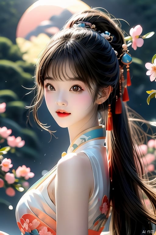 Ultra fine painting, a beautiful girl with Chinese style, slim face, closed mouth, black eyes, black and white gradient long hair, peach blossom, panoramic view, ponytail, tassels, decoration, white dress, sheer, gazing at the moon in the night sky, calm, light: soft, Spring Festival, bright moon, ultra fine, 2K, ultra clear, guzhuang