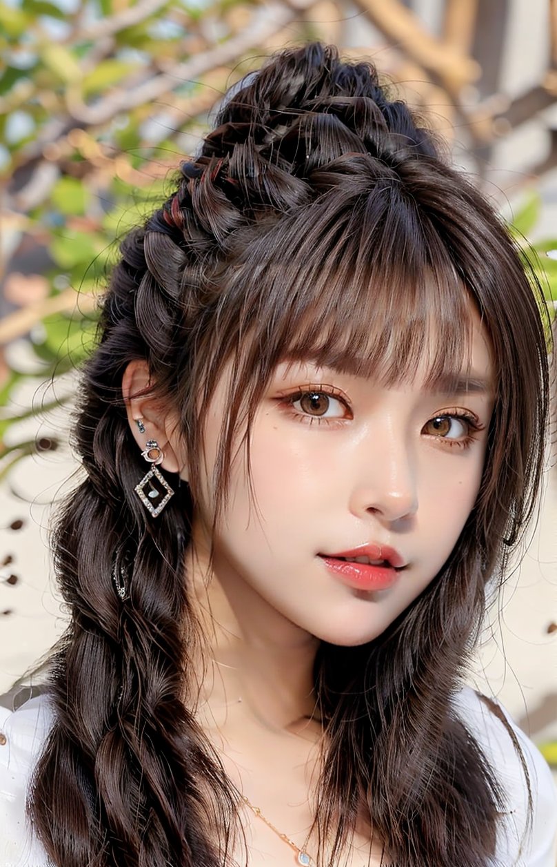 16K, 1girl, solo, brown hair, medium hair, looking at viewer, simple background, smile, closed mouth, brown hair, brown eyes, jewelry, earrings, lips, portrait, reality, braid, makeup, lipstick, nude, Symmetrical ponytails, necklace, bangs,QQQ