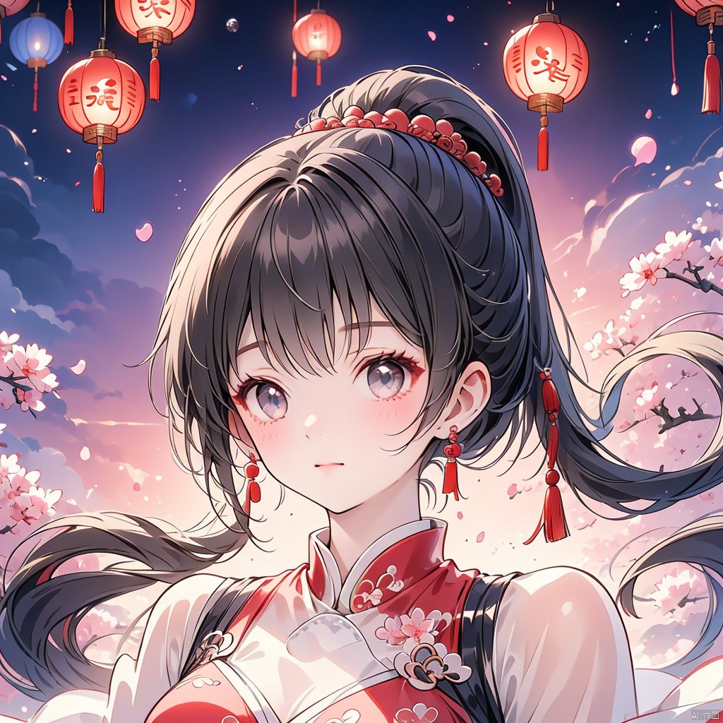 (Top quality, best quality, art, beauty and aesthetics: 1.2) A beautiful girl, dressed in Chinese clothing, slim face, closed mouth, black eyes, black and white gradient long hair, peach blossom, ponytail, tassels, red dress, sheer, looking at the camera, calm, Chinese New Year, ultra fine, 2K, ultra clear, hair,Facial shape,Exquisite appearance,Bright eyes, face,eyes