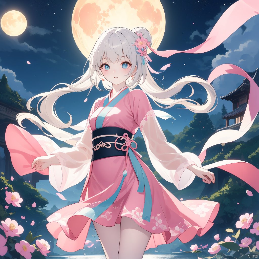 (Top quality, best quality, art, beauty and aesthetics: 1.2) ,2D animation, anime style, girl standing in the water, pink dress, hanfu, white hair, dynamic posture, pale skin, charming beauty, gorgeous eyes, elegant face, details, peach blossom forest, ultra lifelike, high-definition, 8k, 3d, rubber texture, digital illustration, niji 5, aestheticism, art, photography style, night, moon, starlight, girl,xinyue, face