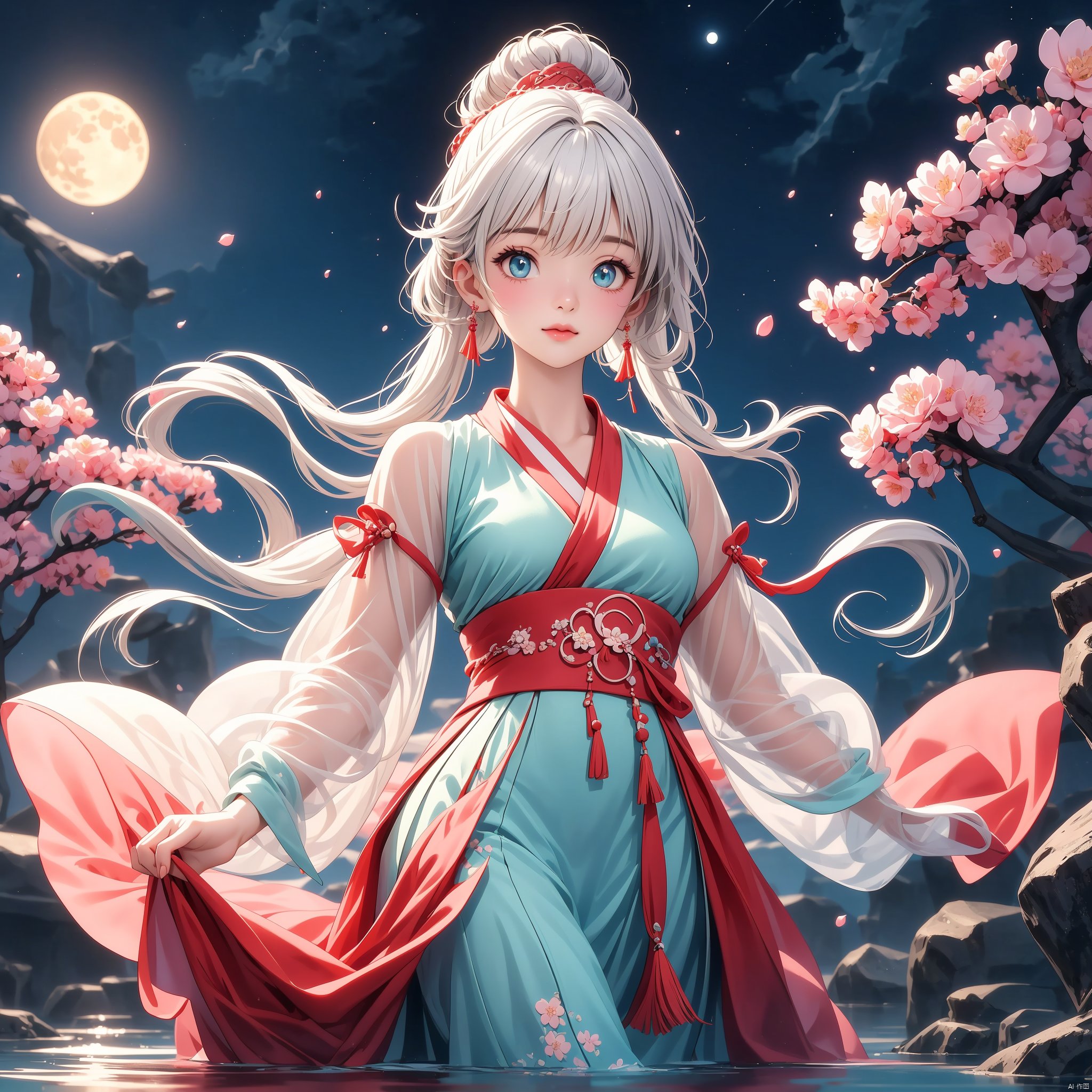 (Top quality, best quality, art, beauty and aesthetics: 1.2),2D animation, anime style, girl standing in the water, red and blue dress, hanfu, white hair, dynamic posture, pale skin, charming beauty, gorgeous eyes, elegant face, details, peach blossom forest, ultra lifelike, high-definition, 8k, 3d, rubber texture, digital illustration, niji 5, aestheticism, art, photography style, night, moon, starlight, girl,xinyue, face