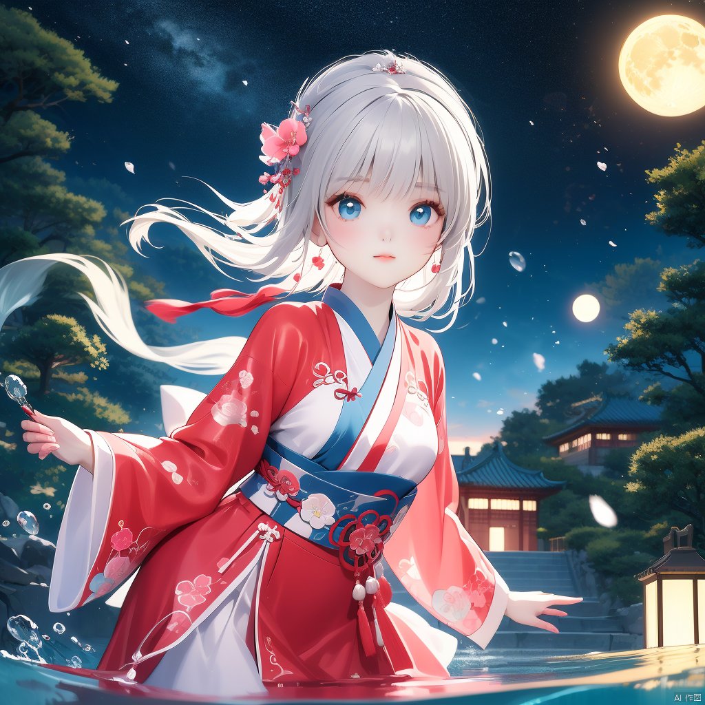 (Top quality, best quality, art, beauty and aesthetics: 1.2),2D animation, anime style, girl standing in the water, red and blue dress, hanfu, white hair, dynamic posture, pale skin, charming beauty, gorgeous eyes, elegant face, details, peach blossom forest, ultra lifelike, high-definition, 8k, 3d, rubber texture, digital illustration, niji 5, aestheticism, art, photography style, night, moon, starlight, girl,xinyue, face