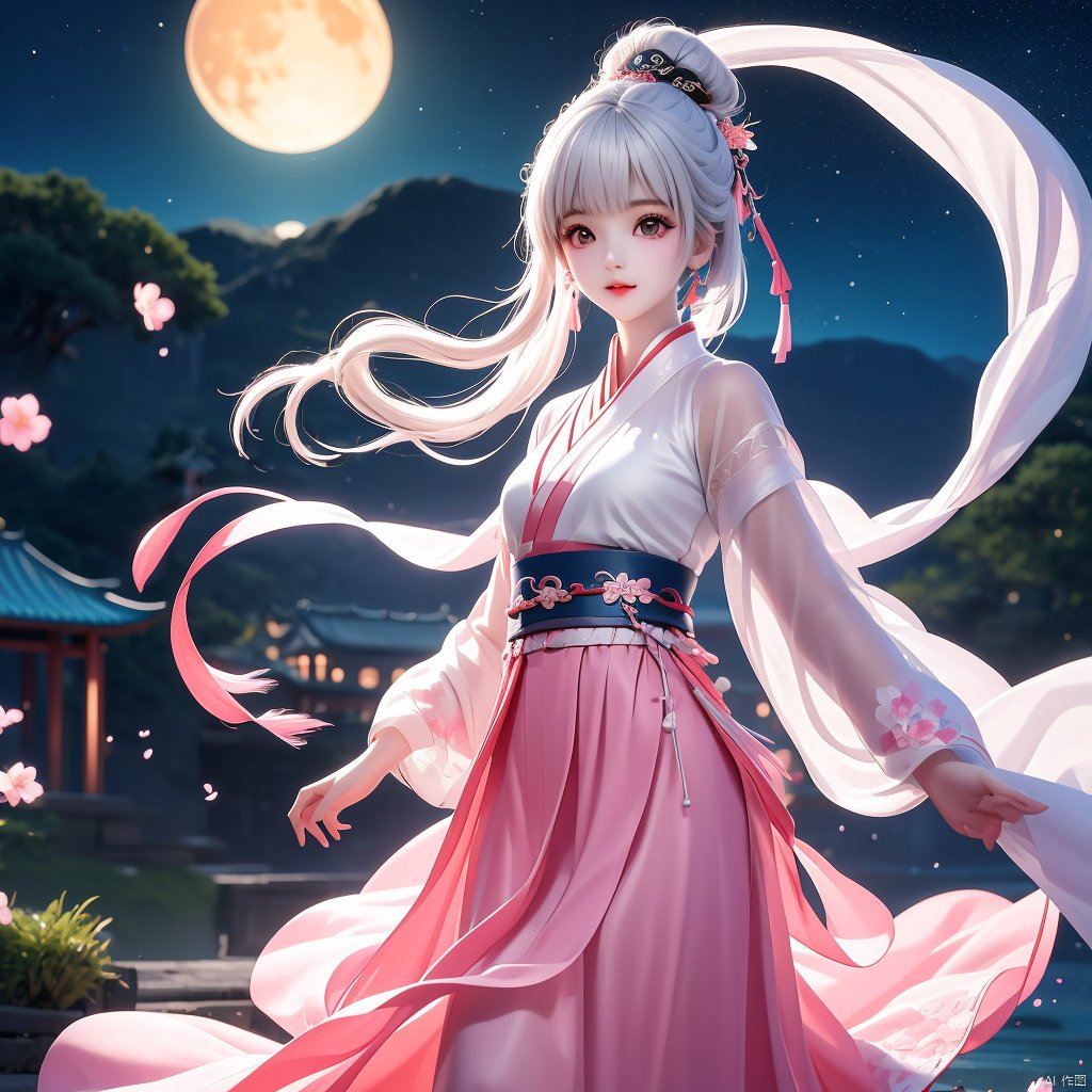 (Top quality, best quality, art, beauty and aesthetics: 1.2) ,2D animation, anime style, girl standing in the water, pink dress, hanfu, white hair, dynamic posture, pale skin, charming beauty, gorgeous eyes, elegant face, details, peach blossom forest, ultra lifelike, high-definition, 8k, 3d, rubber texture, digital illustration, niji 5, aestheticism, art, photography style, night, moon, starlight, girl,xinyue, face