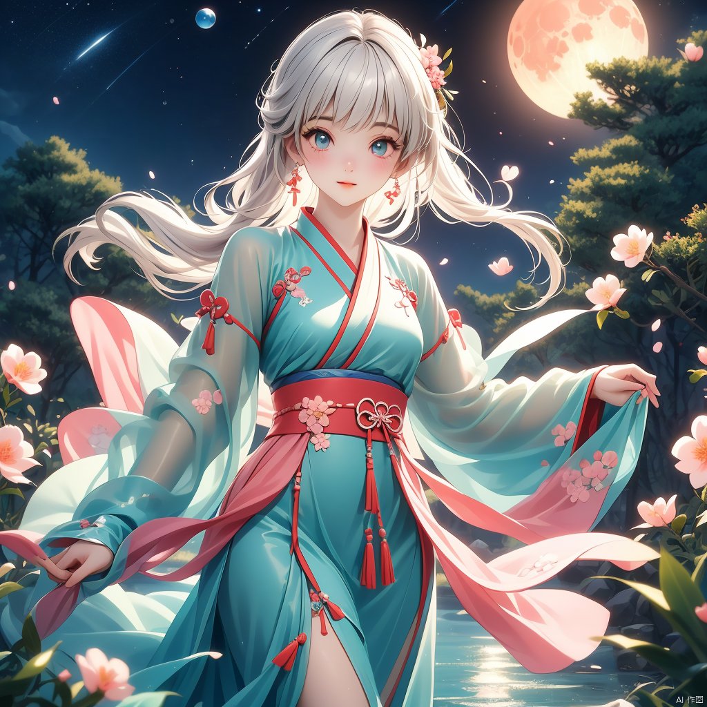 (Top quality, best quality, art, beauty and aesthetics: 1.2),2D animation, anime style, girl standing in the water, red and blue dress, hanfu, white hair, dynamic posture, pale skin, charming beauty, gorgeous eyes, elegant face, details, peach blossom forest, ultra lifelike, high-definition, 8k, 3d, rubber texture, digital illustration, niji 5, aestheticism, art, photography style, night, moon, starlight, girl,xinyue, face