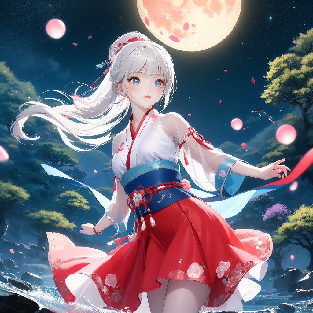 (Top quality, best quality, art, beauty and aesthetics: 1.2),2D animation, anime style, girl standing in the water, red and blue dress, hanfu, white hair, dynamic posture, pale skin, charming beauty, gorgeous eyes, elegant face, details, peach blossom forest, ultra lifelike, high-definition, 8k, 3d, rubber texture, digital illustration, niji 5, aestheticism, art, photography style, night, moon, starlight, girl,xinyue, face