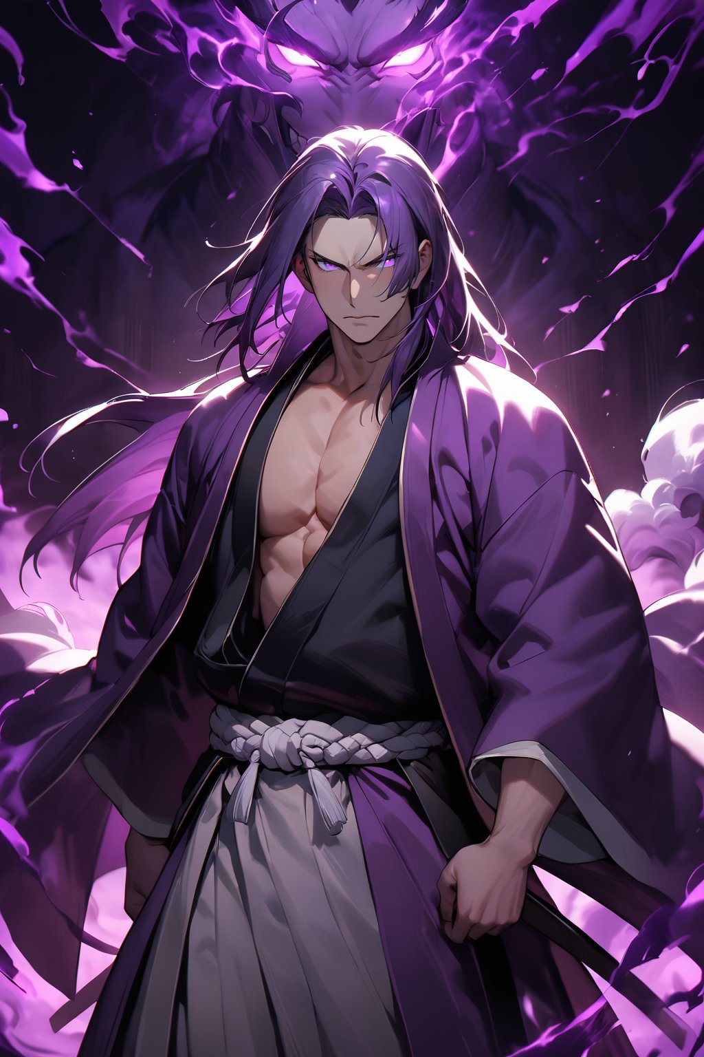 masterpiece, best quality, absurdres, very aesthetic, perfect face, 1boy, male_focus, solo, purple_hair, long straight hair, purple eyes, glowing eyes, samurai, dark huge room, purple aura, martial_arts, wuxian, samurai clothes, 8k, (cowboy shot)