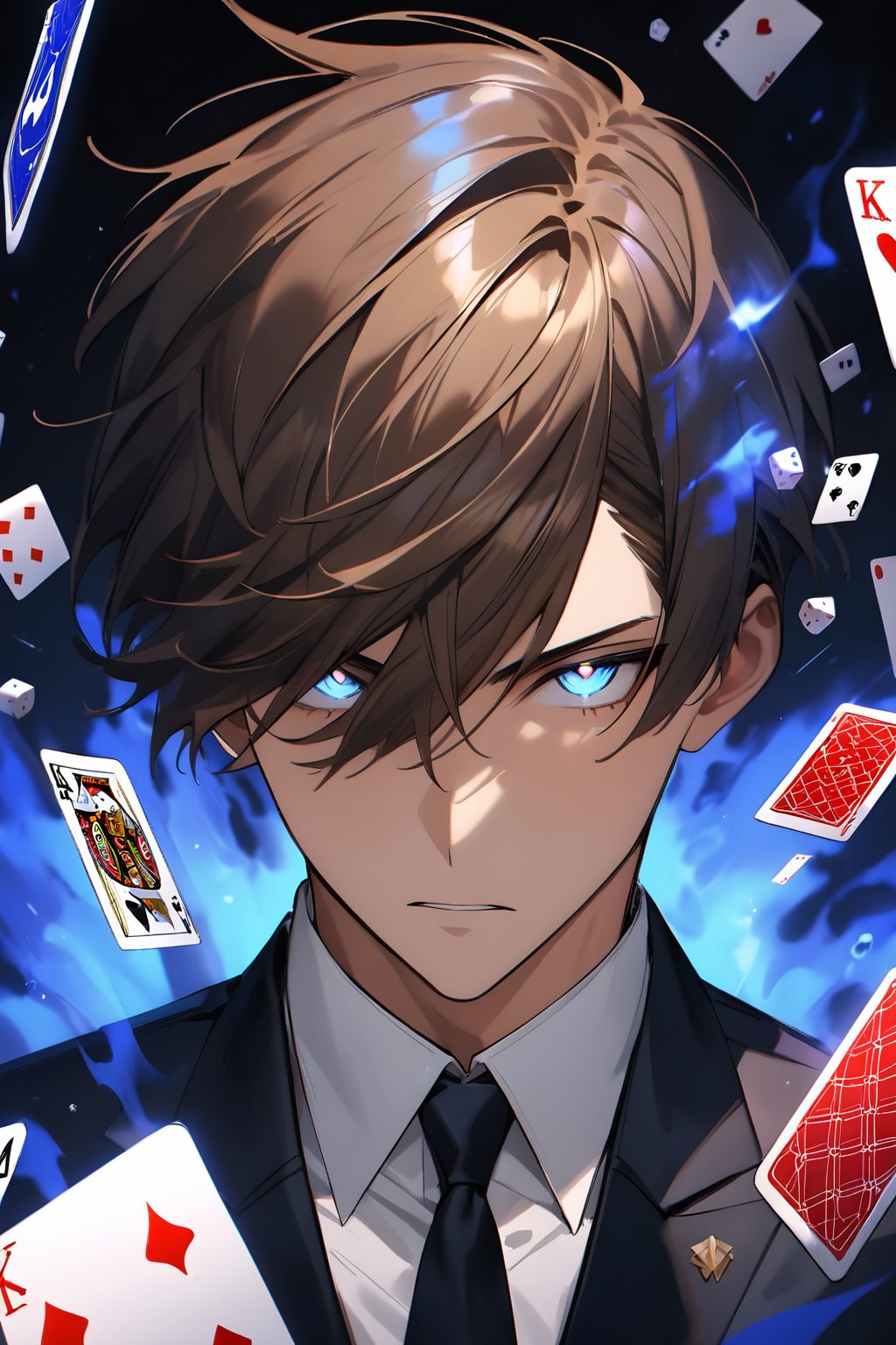 ((masterpiece, best quality, absurdres, very aesthetic)), perfect face, 1boy, male_focus, brown hair, short straight hair, wolf haircut, brown eyes, black jacket, white shirt, black necktie, (close up), looking at viewer, dark background, 8k, illustration,more detail XL, ((falling dice rolls:1.2)), by redice studio, solo levelling, luminate background, blue magical aura, glowing eyes, ((poker cards flying in the air:1.1))