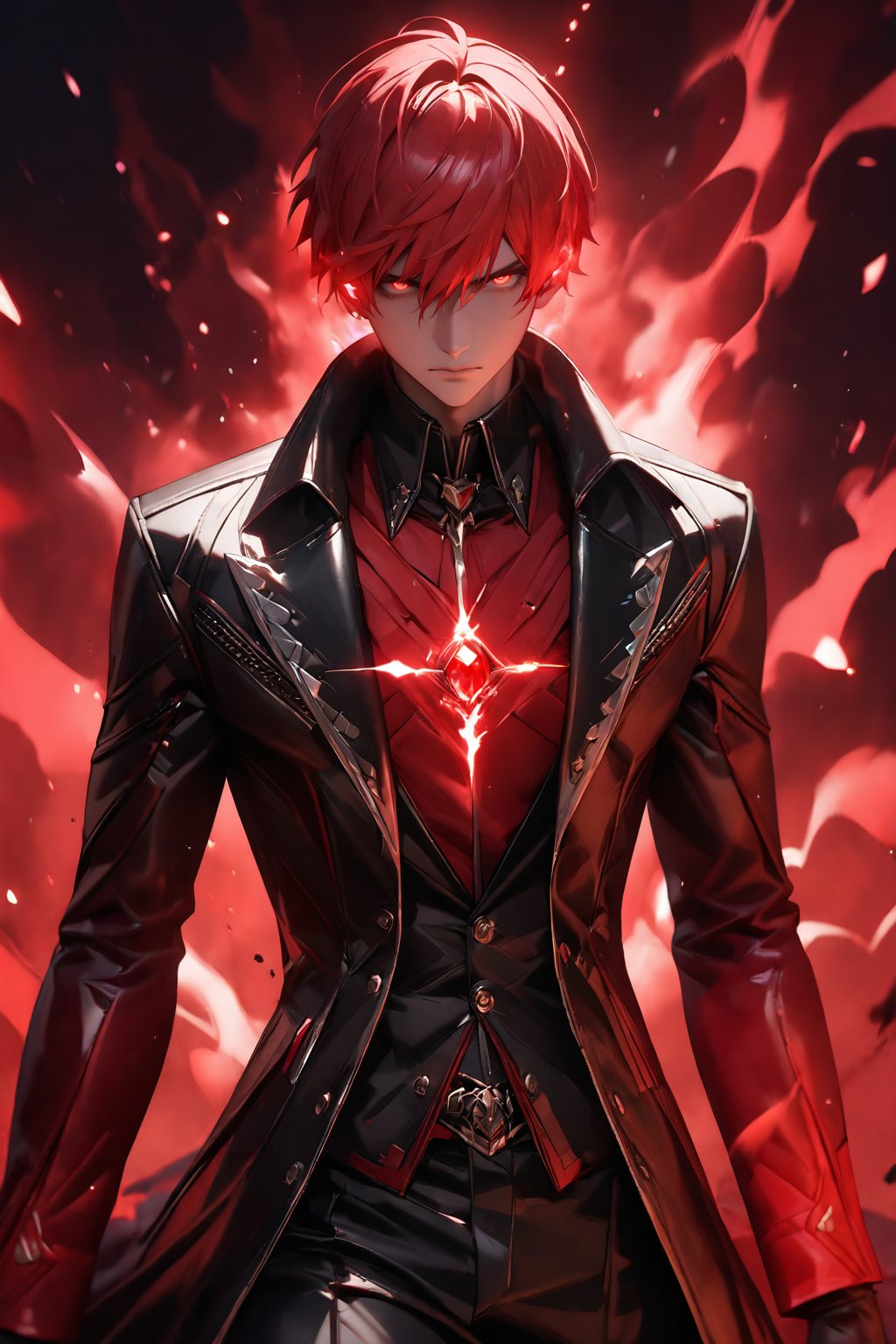 ((masterpiece, best quality, absurdres, very aesthetic:1.2)), from Devil May Cry, perfect face, 1boy, male_focus, solo, red_hair, short straight hair, red eyes, glowing eyes, (blood mage:1.2), (red magical aura:1.2), red abyss background, black leather suit, 8k, ((extremely illustration detailed:1.3)), redice studio, unreal engine 5, (cowboy shot)