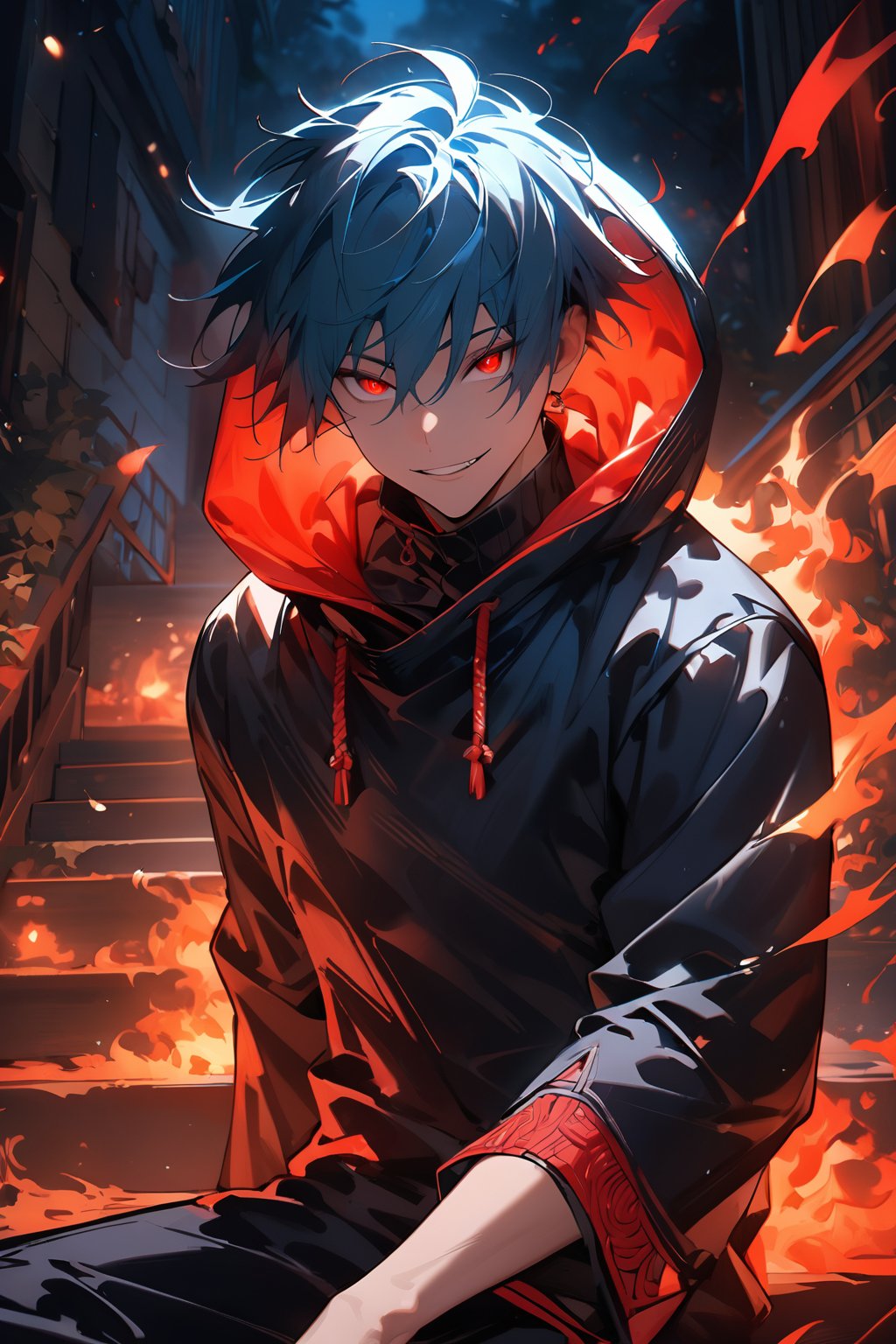 ((masterpiece, best quality, absurdres, very aesthetic)), perfect face, 1boy, male_focus, blue hair, short straight hair, sasuke haircut, red eyes, black robe, ((hood_up)), black pants, shadowy clothes, (cowboy shot), looking at viewer, night, outdoors, sitting on the stairs, 8k, illustration,more detail XL, crazy smile, by redice studio, solo levelling, ((glowing red fire eyes:1.2)), ((exquisite and intricate detail:1.2)), portrait, fantasy, jujutsu kaisen