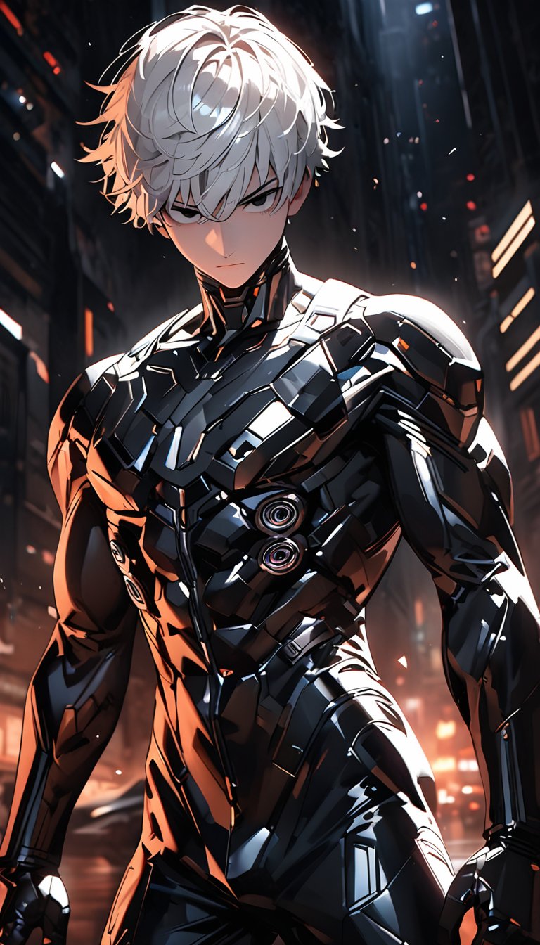 ((masterpiece, best quality, absurdres, very aesthetic)), from one punch man, perfect face, 1boy, male_focus, solo, white_hair, cyberpunk suit, dark background, lument light, fully black eyes, 8k, ((extremely illustration detailed:1.2)), (cowboy shot), more detail XL, (unreal engine 5:1.1), cinematic scene, manhwa illustration, webtoon, by redice studio, action hero pose