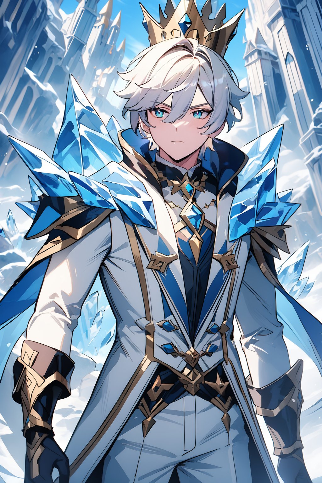 ((masterpiece, best quality, absurdres, very aesthetic)), newest, perfect face, 1boy, male_focus, solo, white_hair, short straight hair, blue eyes, (ice king), crown, cold air, white fancy royal suit, ice castle background, cinematic view, 8k, ((extremely illustration detailed:1.2)), (cowboy shot), cinematic scene, ((genshin impact artstyle, hoyoverse)), semi realistic anime