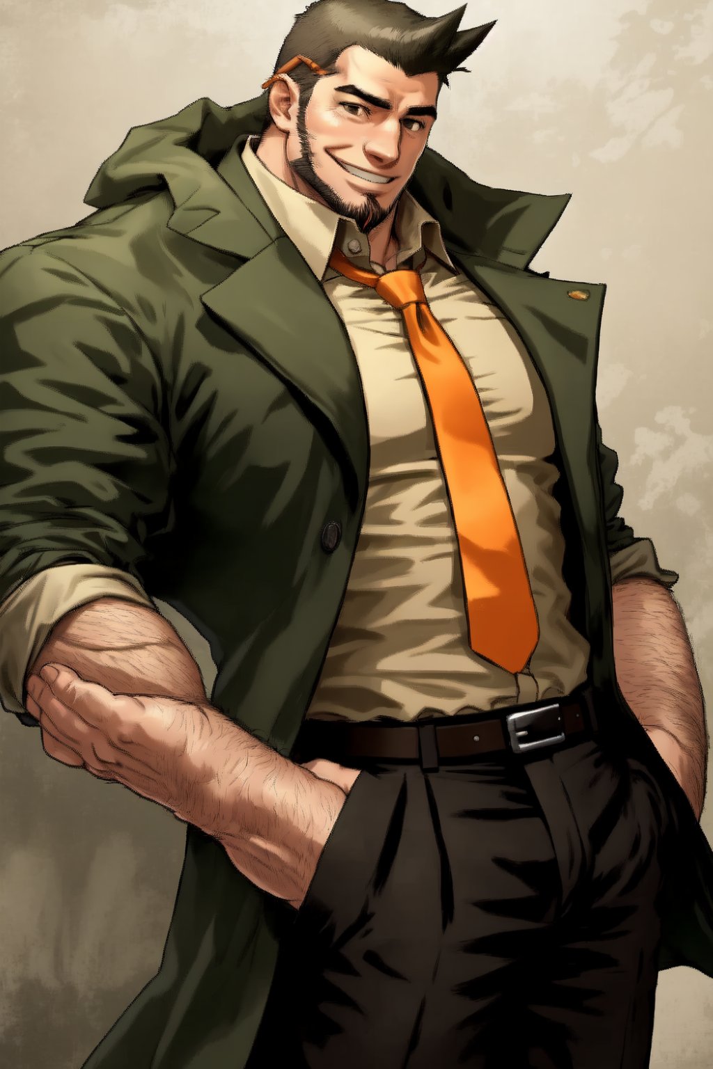 1_man, masculine, 1_man, burly, muscular, green_coat, hairy, arm hair, chest hair, hand hair, beige_shirt, tie, loose_tie, orange_tie,  black_trousers, belt, grinning, sideburns, chin_beard, Dutch angle, perfect anatomy, perfect proportions, best quality, masterpiece, high_resolution, dutch angle, cowboy shot, photo background, perfect hands, perfect fingers, intricate details, white_background,detective_gumshoe,