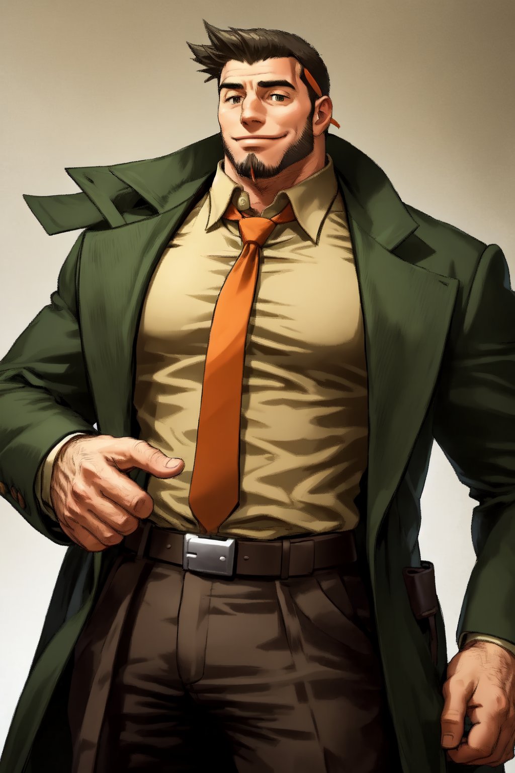 1_man, masculine, 1_man, burly, muscular, green_coat, hairy, arm hair, chest hair, hand hair, beige_shirt, tie, loose_tie, orange_tie,  black_trousers, belt, grinning, sideburns, chin_beard, Dutch angle, perfect anatomy, perfect proportions, best quality, masterpiece, high_resolution, dutch angle, cowboy shot, photo background, perfect hands, perfect fingers, intricate details, white_background,detective_gumshoe,