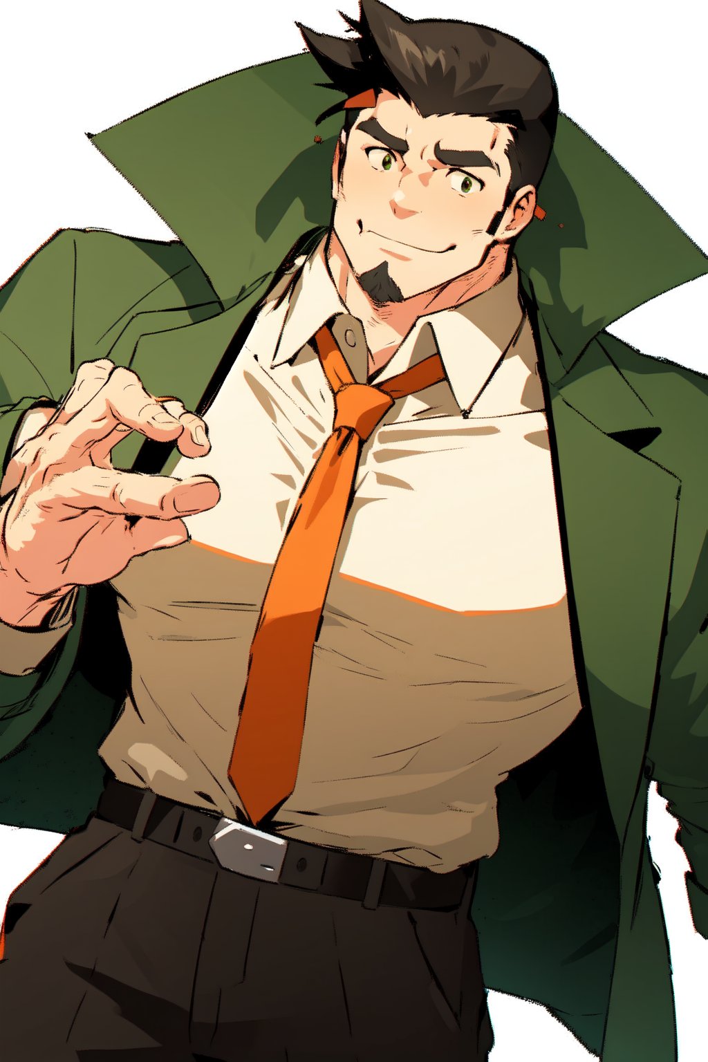 1_man, masculine, 1_man, burly, muscular, green_coat, hairy, arm hair, chest hair, hand hair, beige_shirt, tie, loose_tie, orange_tie,  black_trousers, belt, grinning, sideburns, chin_beard, Dutch angle, perfect anatomy, perfect proportions, best quality, masterpiece, high_resolution, dutch angle, cowboy shot, photo background, perfect hands, perfect fingers, intricate details, white_background,detective_gumshoe,