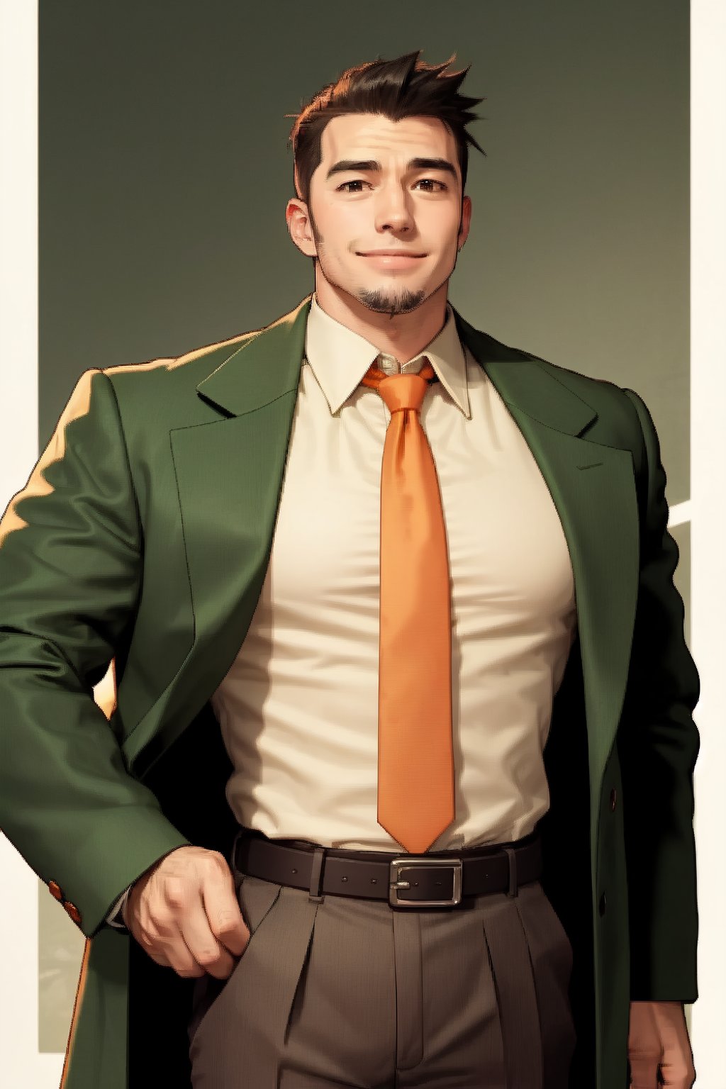 1_man, masculine, 1_man, burly, muscular, green_coat, hairy, arm hair, chest hair, hand hair, beige_shirt, tie, loose_tie, orange_tie,  black_trousers, belt, grinning, sideburns, chin_beard, Dutch angle, perfect anatomy, perfect proportions, best quality, masterpiece, high_resolution, dutch angle, cowboy shot, photo background, perfect hands, perfect fingers, intricate details, white_background,detective_gumshoe,