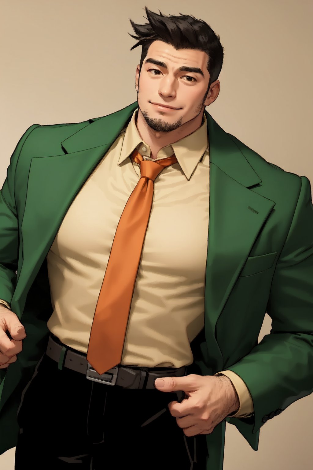 1_man, masculine, 1_man, burly, muscular, green_coat, hairy, arm hair, chest hair, hand hair, beige_shirt, tie, loose_tie, orange_tie,  black_trousers, belt, grinning, sideburns, chin_beard, Dutch angle, perfect anatomy, perfect proportions, best quality, masterpiece, high_resolution, dutch angle, cowboy shot, photo background, perfect hands, perfect fingers, intricate details, white_background,detective_gumshoe,