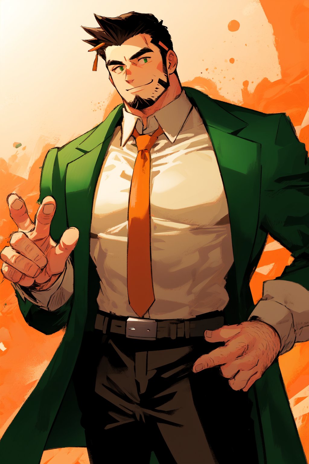 1_man, masculine, 1_man, burly, muscular, green_coat, hairy, arm hair, chest hair, hand hair, beige_shirt, tie, loose_tie, orange_tie,  black_trousers, belt, grinning, sideburns, chin_beard, Dutch angle, perfect anatomy, perfect proportions, best quality, masterpiece, high_resolution, dutch angle, cowboy shot, photo background, perfect hands, perfect fingers, intricate details, white_background,detective_gumshoe,