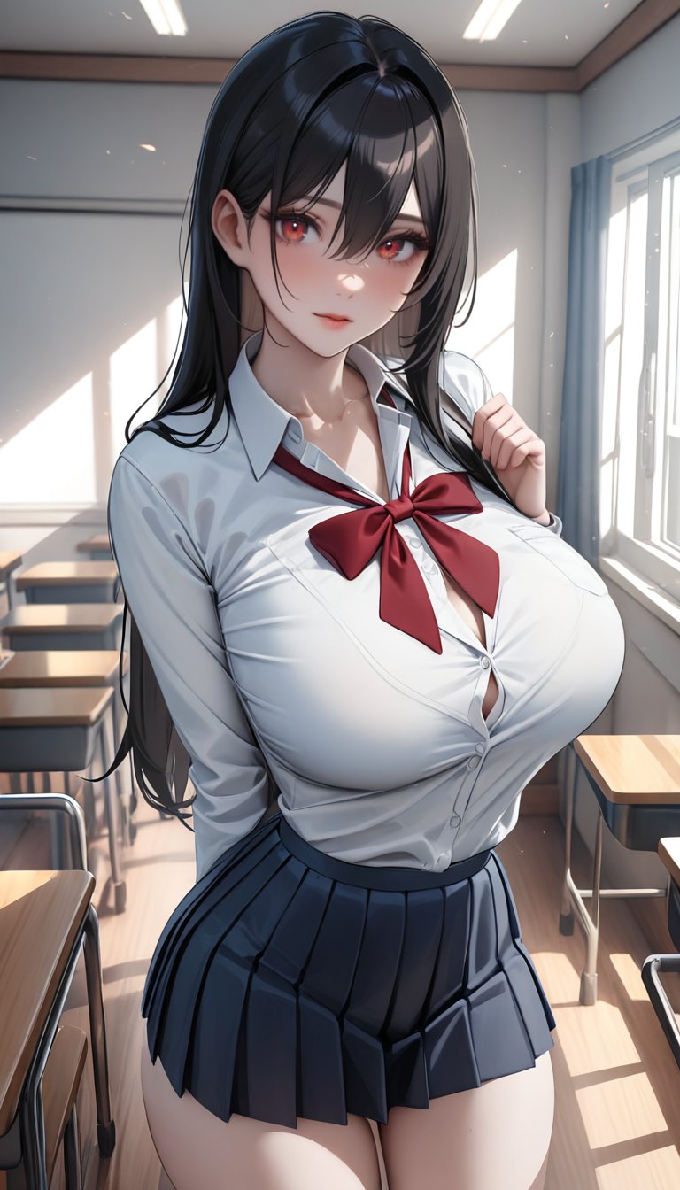 masterpiece, best quality, absurdres, very aesthetic, newest, rating: explicit, nfsw, ((beautiful eyes detailed:1.2)), perfect face, looking at viewer, 1girl, ((cowboy shot:1.5)), black hair, bangs, hair between eyes, red eyes, solo, big breasts, slight smile, ((school uniform, skirt:1.2)), ((classroom:1.1)), standing, ((depth of field:1.2)), portrait, cinematic, 64k