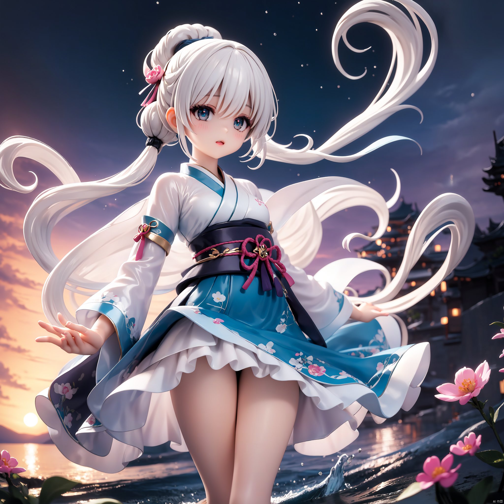 2D animation, anime style, girl standing in the water, dress, tulle hanbok, white hair, dynamic posture, pale skin, charming beauty, gorgeous eyes, elegant face, details, peach blossom forest, ultra lifelike, high-definition, 8k, 3d, rubber texture, digital illustration, niji 5, aestheticism, art, photography style, night, moon, starlight,