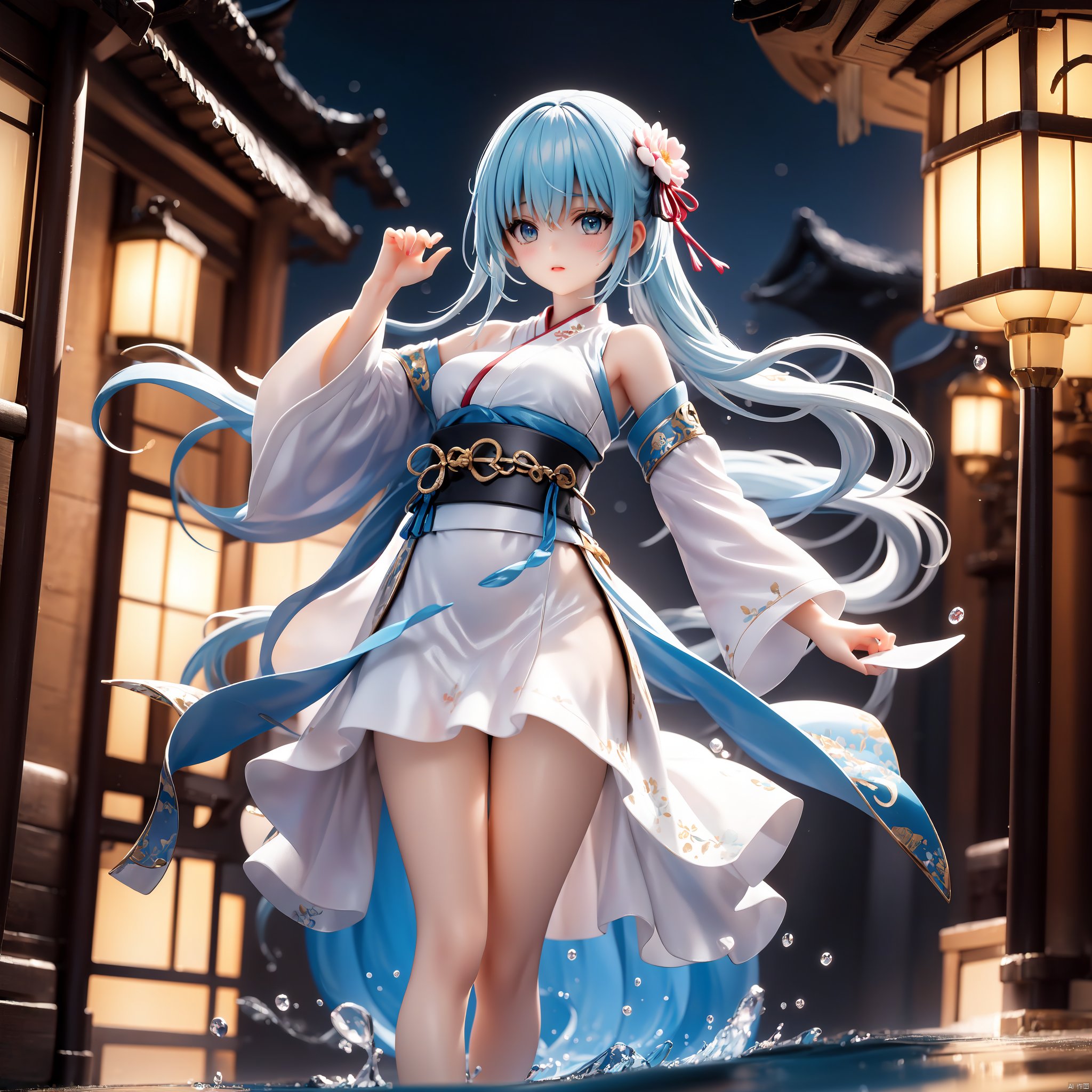 2D animation, anime style, girl standing in the water, horse face skirt, tulle hanfu, white hair, dynamic posture, pale skin, charming beauty, gorgeous eyes, elegant face, details, peach blossom forest, ultra lifelike, high-definition, 8k, 3d, rubber texture, digital illustration, niji 5, aestheticism, art, photography style, night, moon, starlight