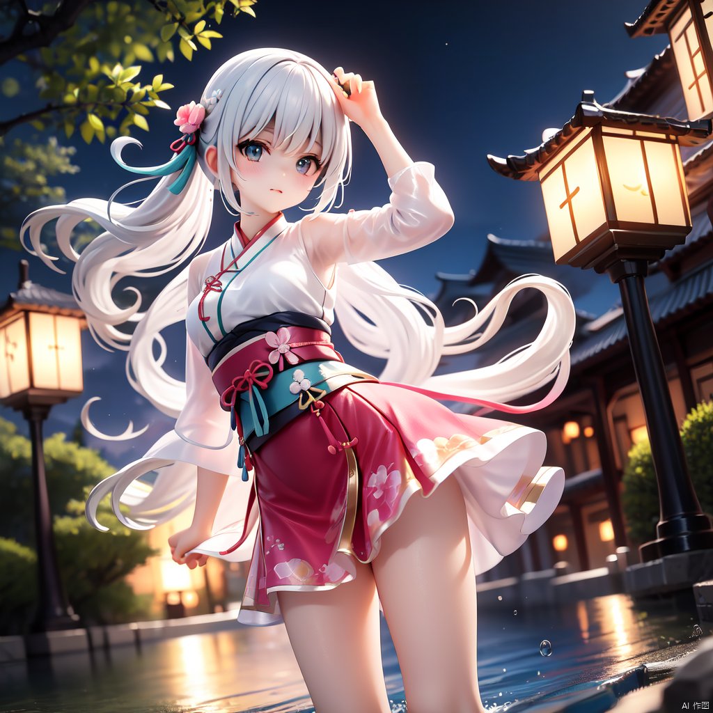 2D animation, anime style, girl standing in the water, pink dress, tulle hanfu, white hair, dynamic posture, pale skin, charming beauty, gorgeous eyes, elegant face, details, peach blossom forest, super lifelike, high-definition, 8k, 3d, rubber texture, digital illustration, niji 5, aestheticism, art, photography style, night, moon, starlight,