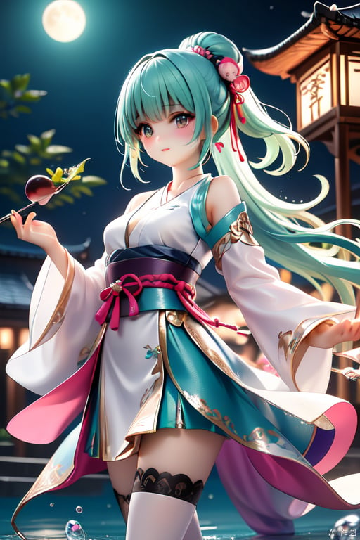  (Top quality, best quality, art, beauty and aesthetics: 1.2) 2D animation, anime style, girl standing in the water, horse face skirt, tulle hanfu, with dynamic posture, pale skin, charming beauty, gorgeous eyes, elegant face, details, peach blossom forest, super lifelike, high-definition, 8k, 3d, rubber texture, digital illustration, niji 5, aestheticism, art, photography style, night, moon, starlight