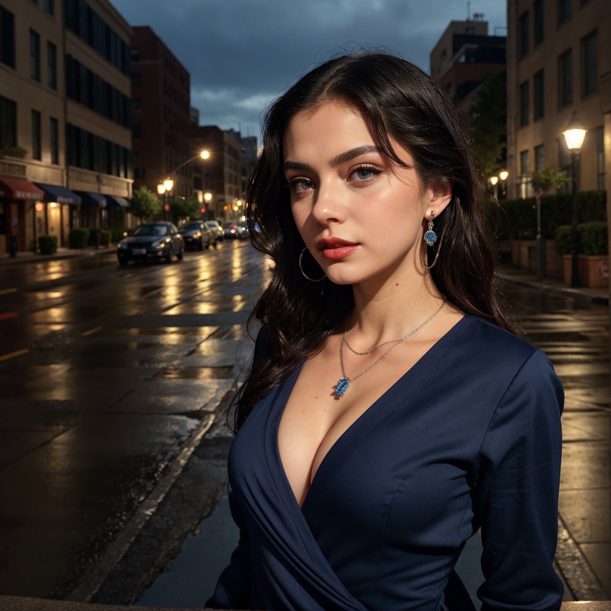 st. louis (luxurious wheels) (azur lane), hair ornament, portrait, silver dress, revealing clothes, necklace, blue nails, cityscape, night, rain, wet, ,(masterpiece:1.4),(best quality:1.4),realistic,fashi-girl,makeup,red lips,looking at viewer, solo,earrings,8k,best quality, masterpiece, purple eyes,beautiful light,background is a supercar,Masterpiece