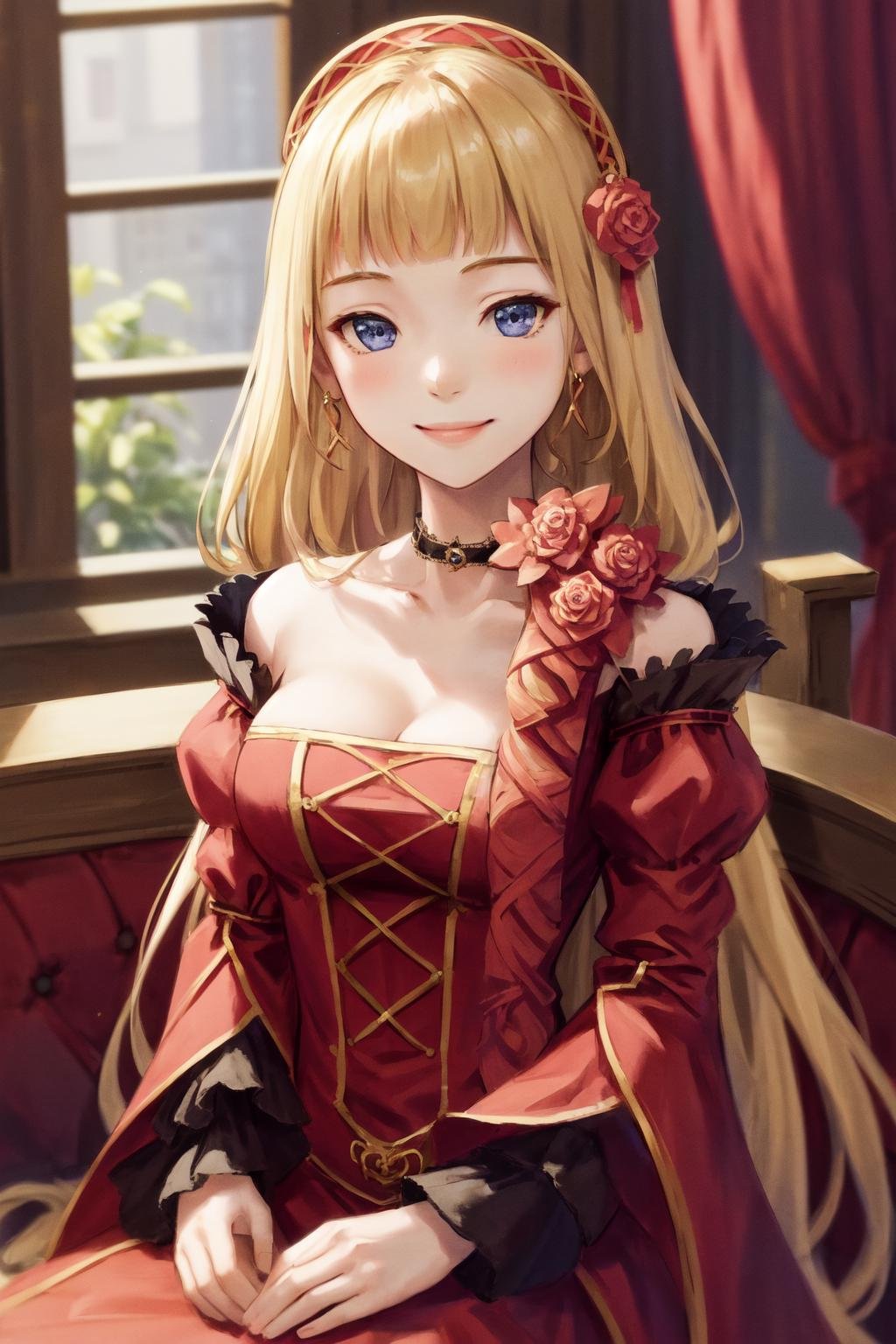 masterpiece, best quality, highres, 1girl choker flower red dress bare shoulders puffy sleeves juliet sleeves <lora:lilianna_centostella:1> sitting, smile